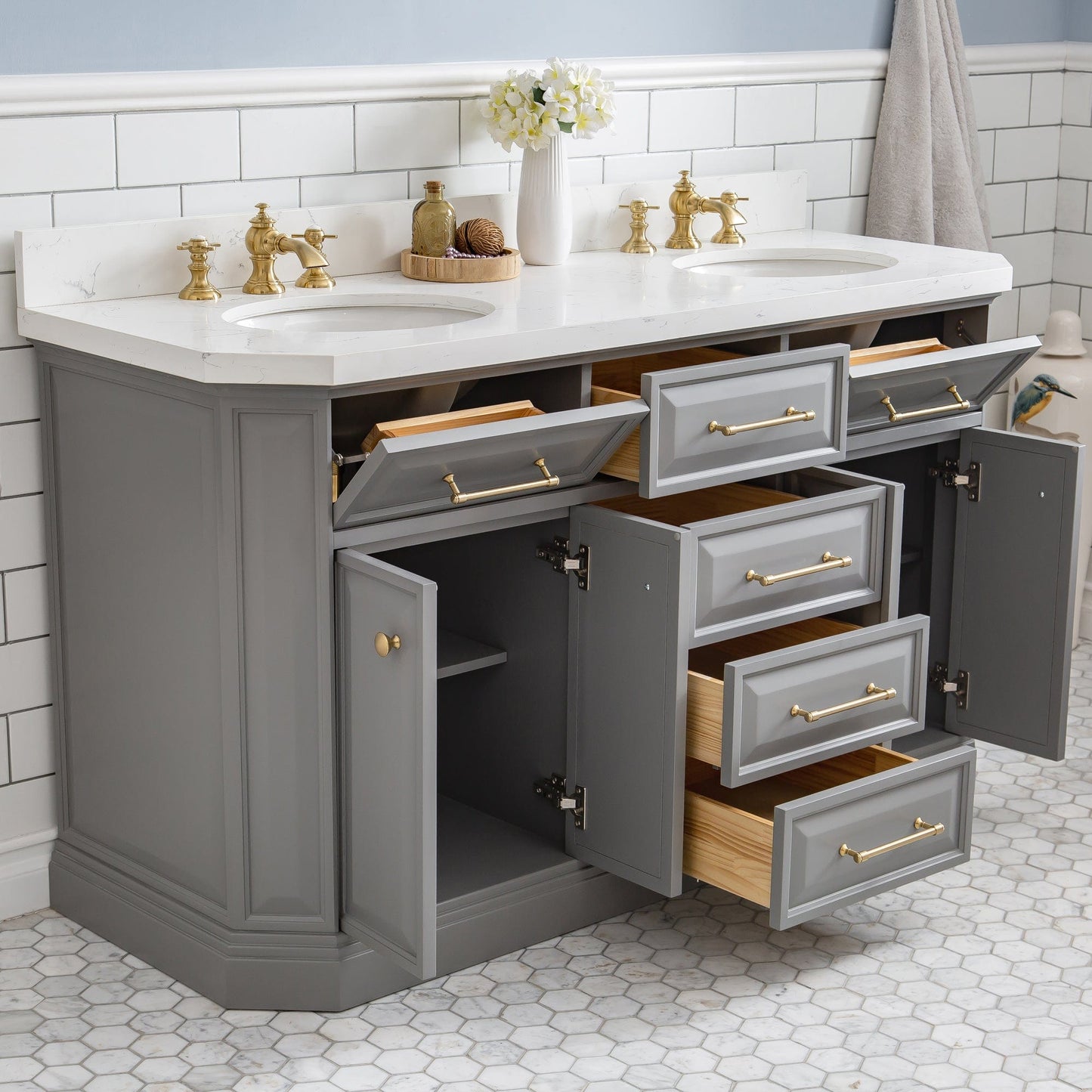 Water Creation PA60QZ06CG-000000000 PALACE 60"W x 34"H Cashmere Gray Vanity with Carrara Quartz Countertop + Mirrors, Satin Gold Finish Hardware & Chrome Finish Mirror (A)