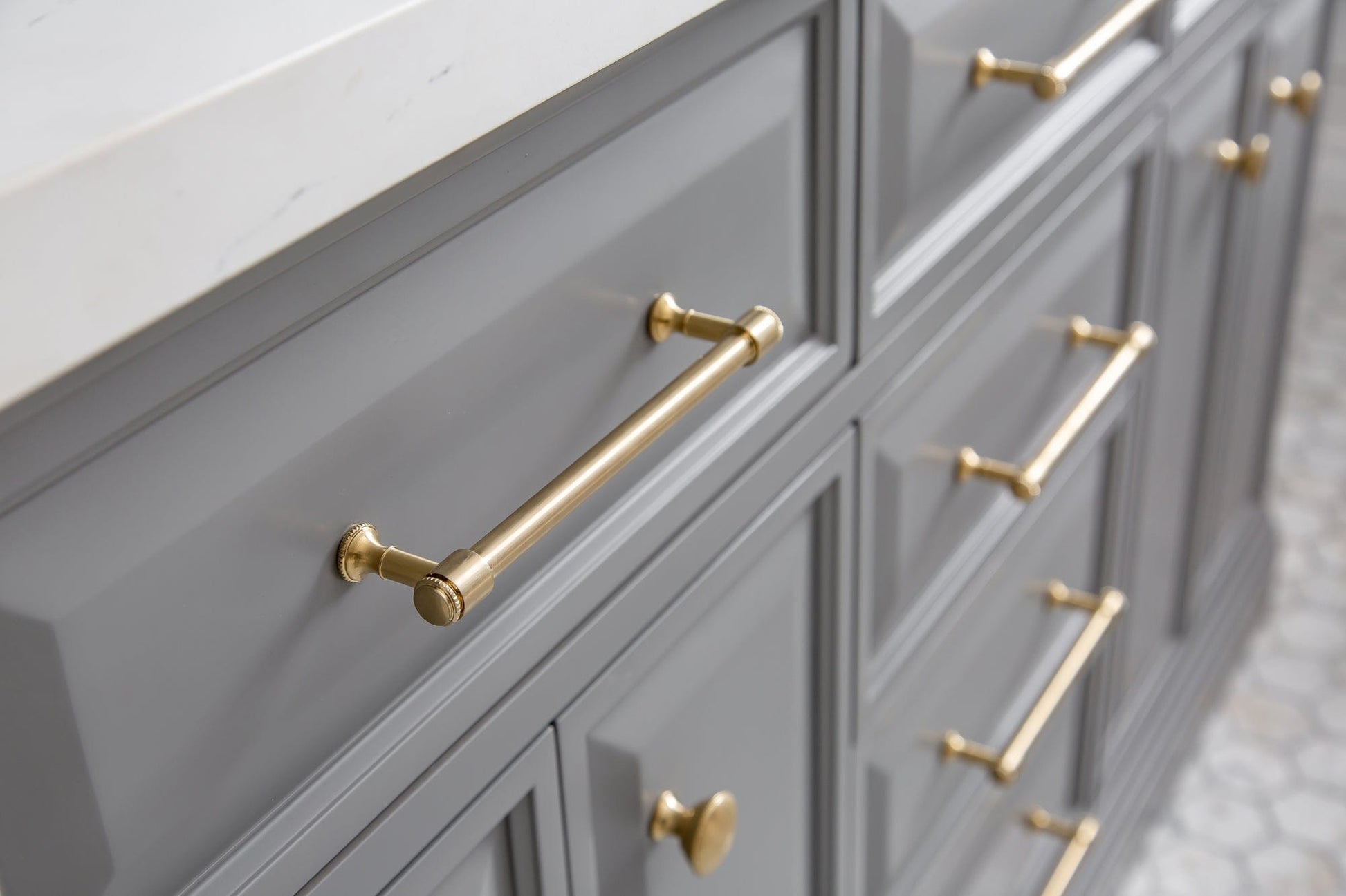 Water Creation PA60QZ06CG-000000000 PALACE 60"W x 34"H Cashmere Gray Vanity with Carrara Quartz Countertop + Mirrors, Satin Gold Finish Hardware & Chrome Finish Mirror (A)