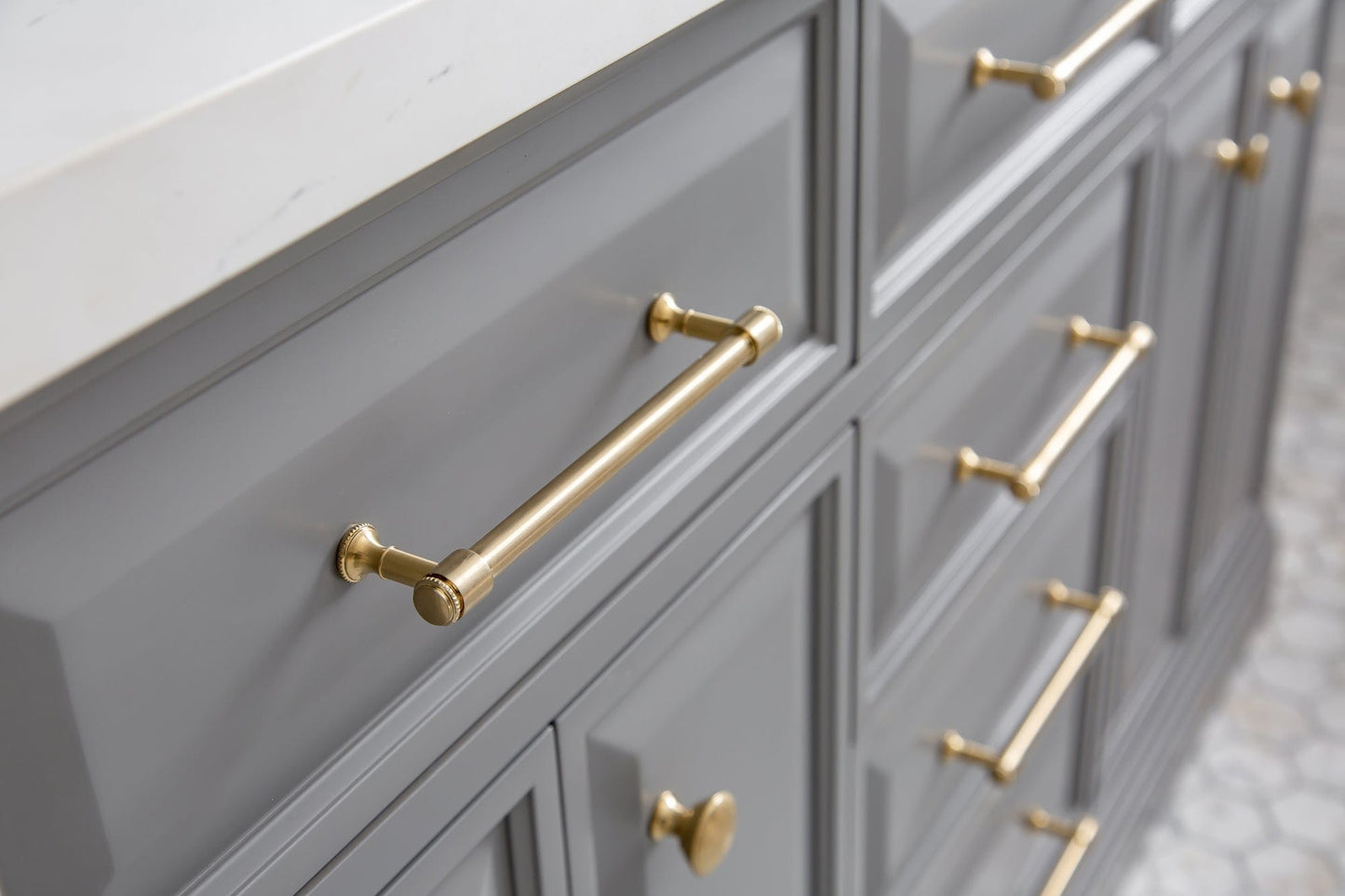 Water Creation PA60QZ06CG-000000000 PALACE 60"W x 34"H Cashmere Gray Vanity with Carrara Quartz Countertop + Mirrors, Satin Gold Finish Hardware & Chrome Finish Mirror (A)