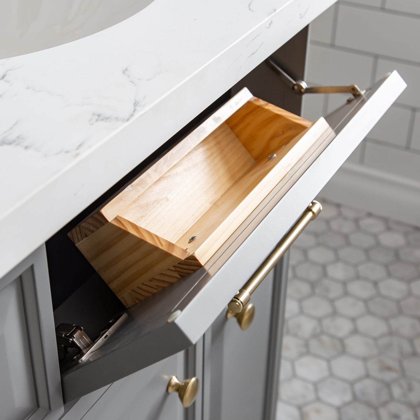 Water Creation PA60QZ06CG-000FX1306 PALACE 60"W x 34"H Cashmere Gray Vanity with Carrara Quartz Countertop + Faucets & Mirrors (F2-0013), Satin Gold Finish Hardware & Chrome Finish Mirror (A)