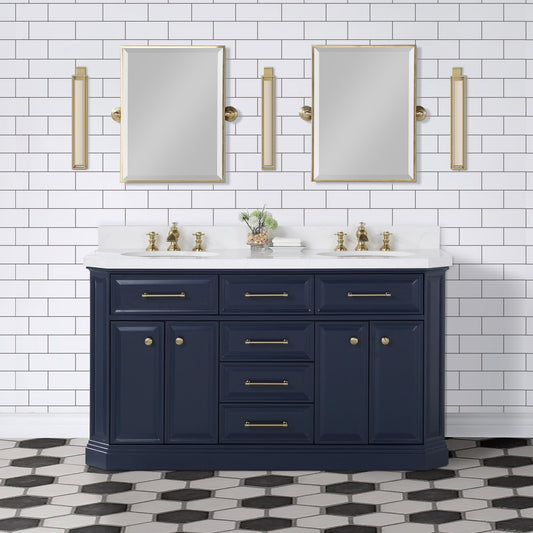 Water Creation PA60QZ06MB-000FX1306 PALACE 60"W x 34"H Monarch Blue Double-Sink Vanity with White Quartz Countertop + Faucets (Waterfall Faucets)