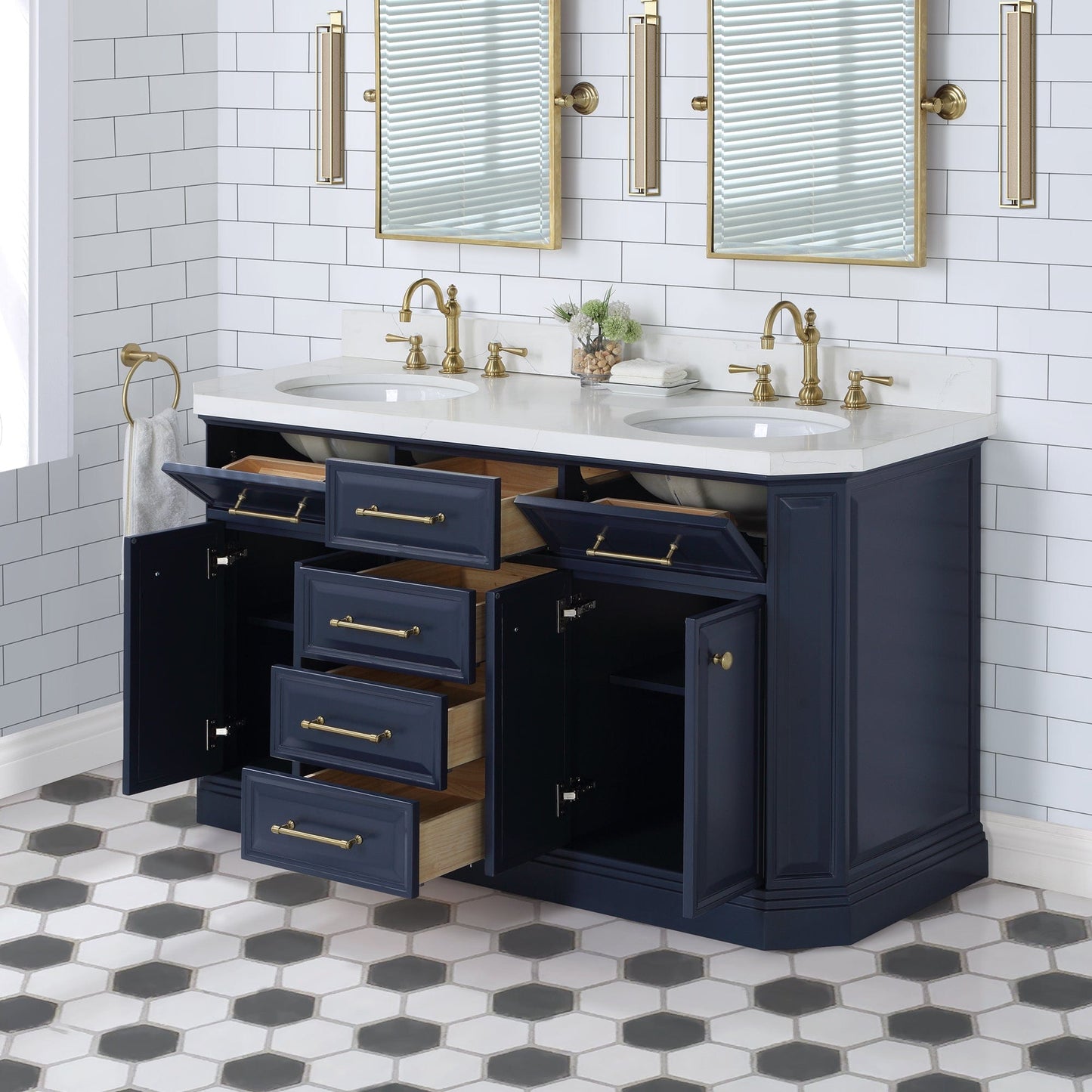 Water Creation PA60QZ06MB-000TL1206 PALACE 60"W x 34"H Monarch Blue Double-Sink Vanity with White Quartz Countertop + Faucets (Hook Faucets)
