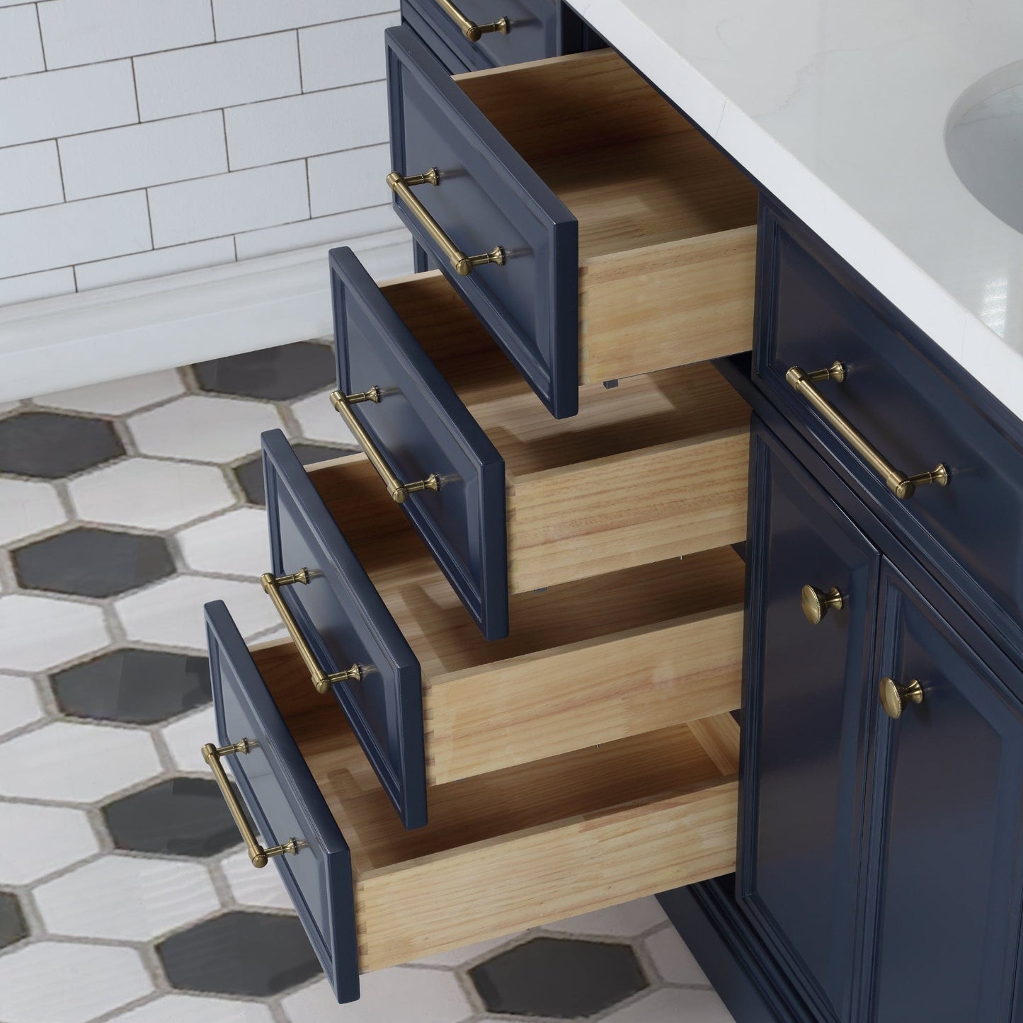 Water Creation PA60QZ06MB-E18FX1306 PALACE 60"W x 34"H Monarch Blue Double-Sink Vanity with White Quartz Countertop + Faucets & Mirrors (Waterfall Faucets)