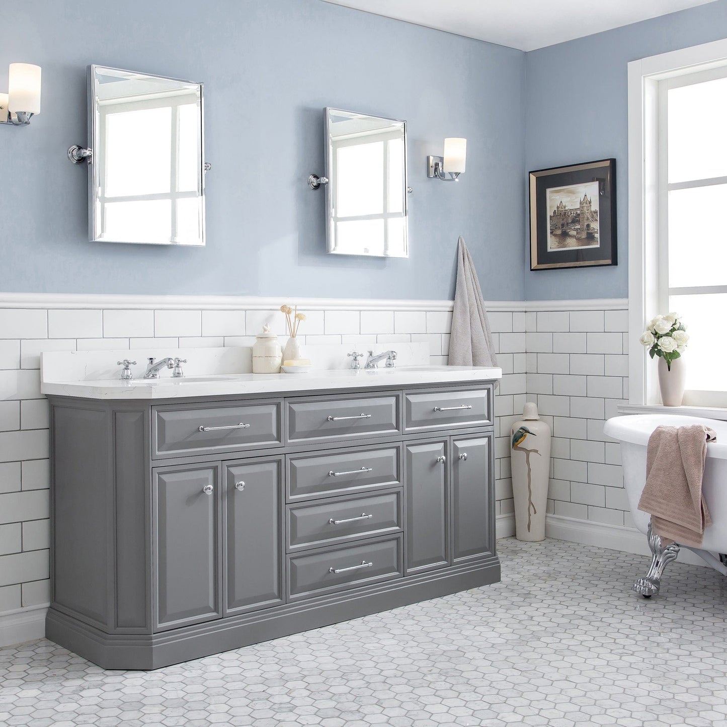 Water Creation PA72QZ01CG-E18BX0901 PALACE 72"W x 34"H Cashmere Gray Vanity with Carrara Quartz Countertop + Faucets & Mirror (F2-0009), Chrome Finish Hardware & Mirror