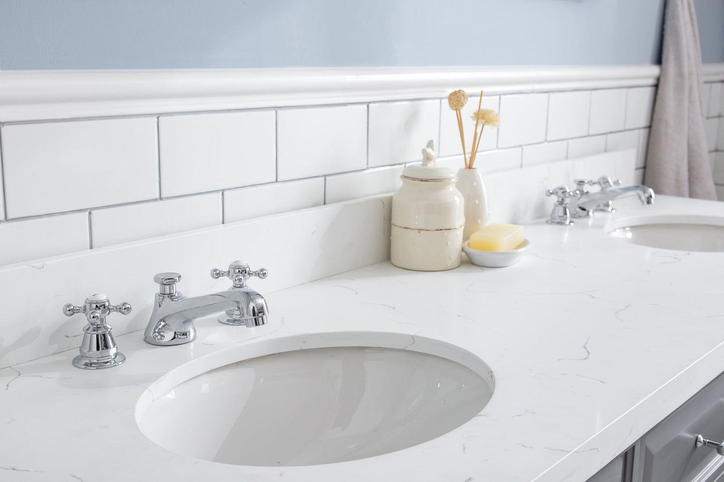 Water Creation PA72QZ01CG-E18BX0901 PALACE 72"W x 34"H Cashmere Gray Vanity with Carrara Quartz Countertop + Faucets & Mirror (F2-0009), Chrome Finish Hardware & Mirror