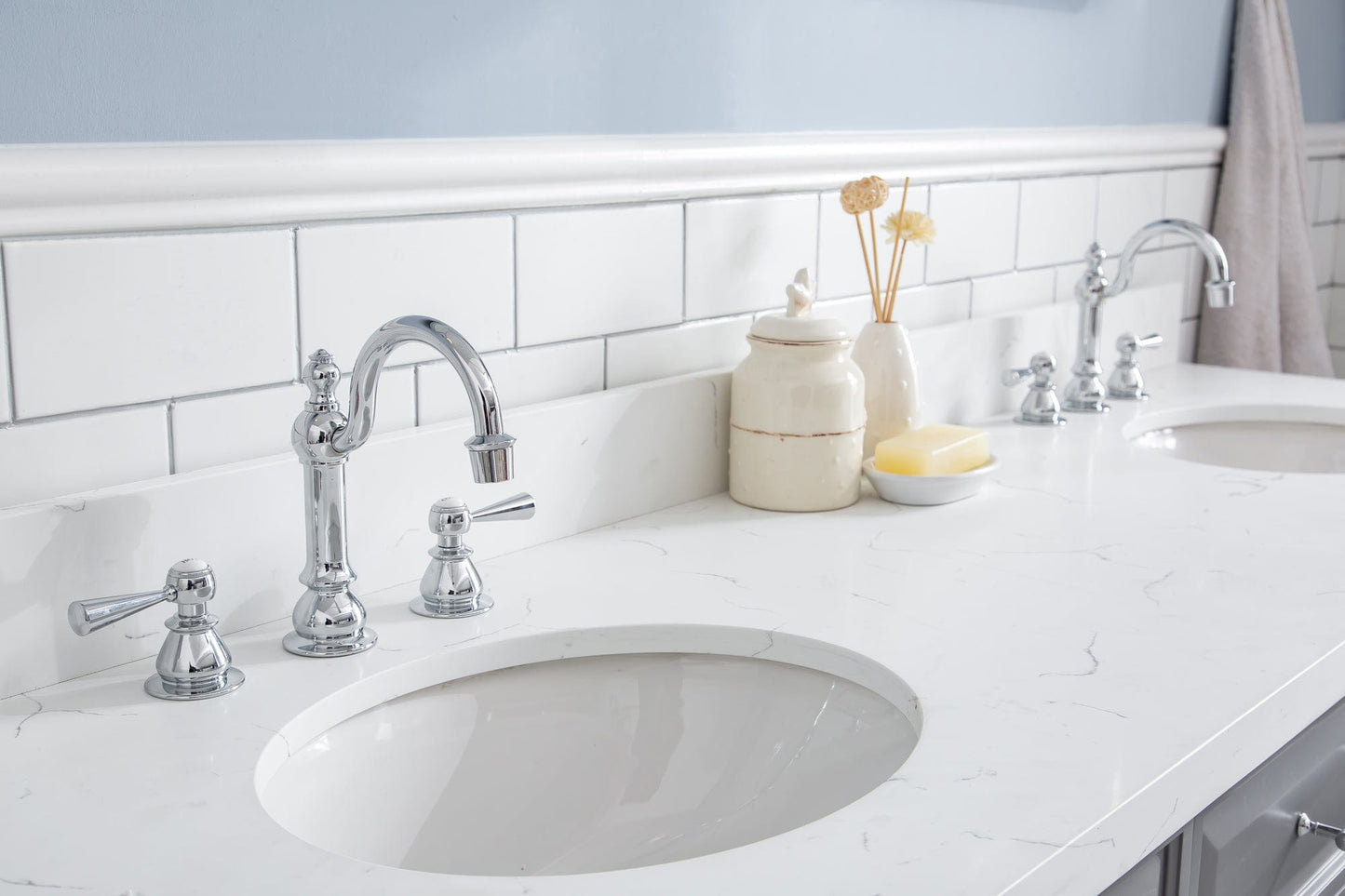 Water Creation PA72QZ01CG-E18TL1201 PALACE 72"W x 34"H Cashmere Gray Vanity with Carrara Quartz Countertop + Faucets & Mirror (F2-0012), Chrome Finish Hardware & Mirror