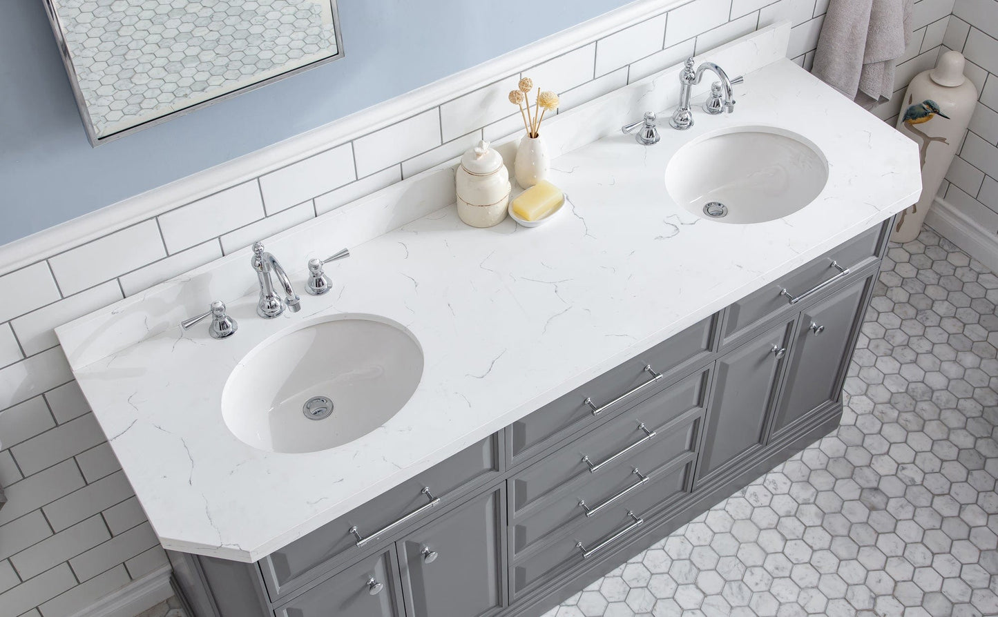 Water Creation PA72QZ01CG-E18TL1201 PALACE 72"W x 34"H Cashmere Gray Vanity with Carrara Quartz Countertop + Faucets & Mirror (F2-0012), Chrome Finish Hardware & Mirror