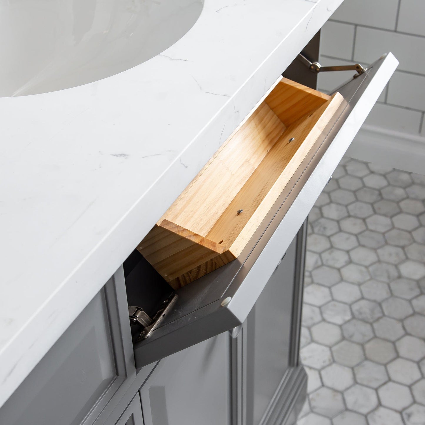 Water Creation PA72QZ01CG-E18TL1201 PALACE 72"W x 34"H Cashmere Gray Vanity with Carrara Quartz Countertop + Faucets & Mirror (F2-0012), Chrome Finish Hardware & Mirror