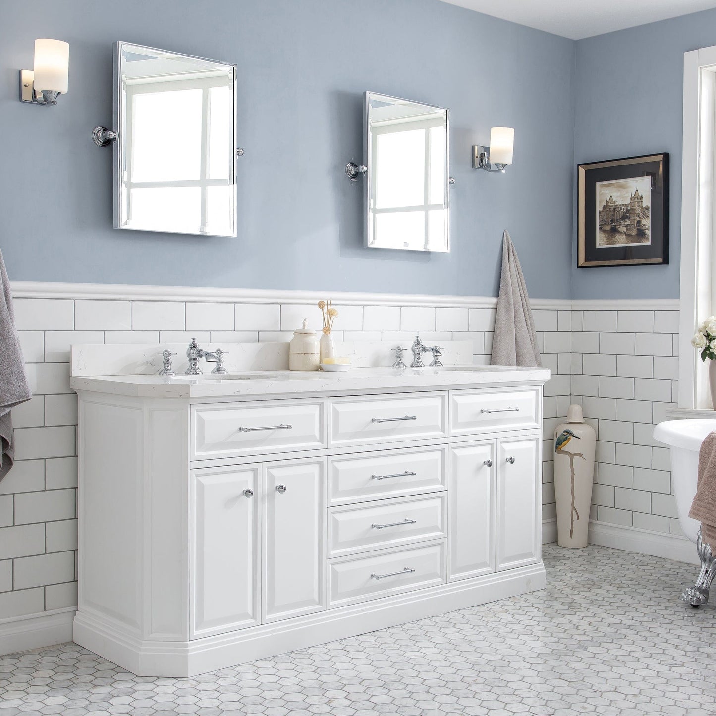 Water Creation PA72QZ01PW-000FX1301 PALACE 72"W x 34"H Pure White Vanity with Carrara Quartz Countertop + Faucets (F2-0013), Chrome Finish Hardware