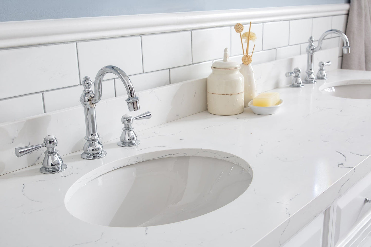 Water Creation PA72QZ01PW-E18TL1201 PALACE 72"W x 34"H Pure White Vanity with Carrara Quartz Countertop + Faucets & Mirror (F2-0012), Chrome Finish Hardware & Mirror