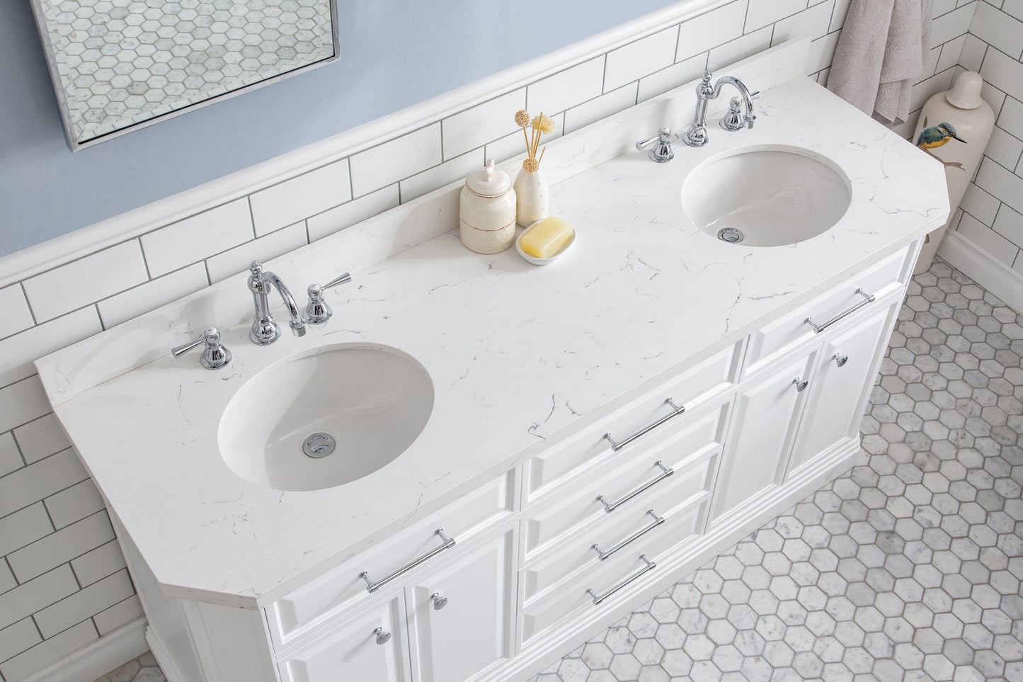 Water Creation PA72QZ01PW-E18TL1201 PALACE 72"W x 34"H Pure White Vanity with Carrara Quartz Countertop + Faucets & Mirror (F2-0012), Chrome Finish Hardware & Mirror