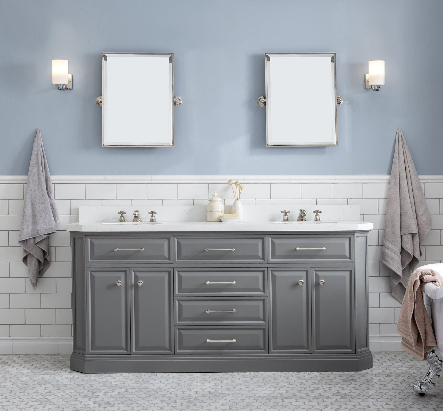 Water Creation PA72QZ05CG-E18BX0905 PALACE 72"W x 34"H Cashmere Gray Vanity with Carrara Quartz Countertop + Faucets & Mirror (F2-0009), Polished Nickel Finish Hardware & Mirror