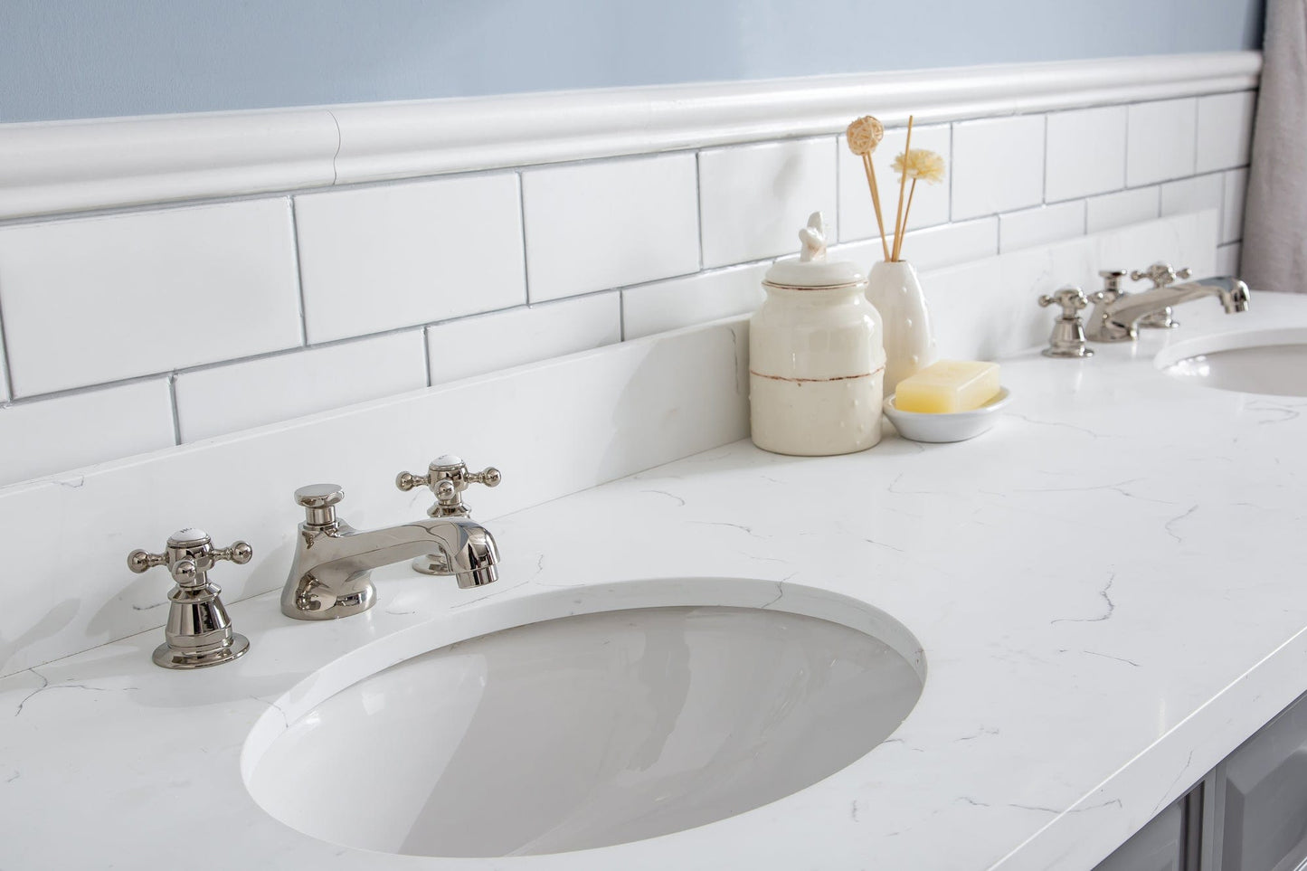 Water Creation PA72QZ05CG-E18BX0905 PALACE 72"W x 34"H Cashmere Gray Vanity with Carrara Quartz Countertop + Faucets & Mirror (F2-0009), Polished Nickel Finish Hardware & Mirror