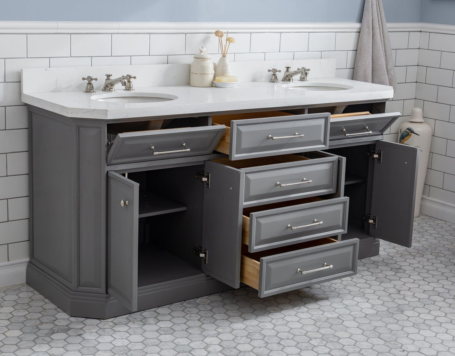 Water Creation PA72QZ05CG-E18BX0905 PALACE 72"W x 34"H Cashmere Gray Vanity with Carrara Quartz Countertop + Faucets & Mirror (F2-0009), Polished Nickel Finish Hardware & Mirror
