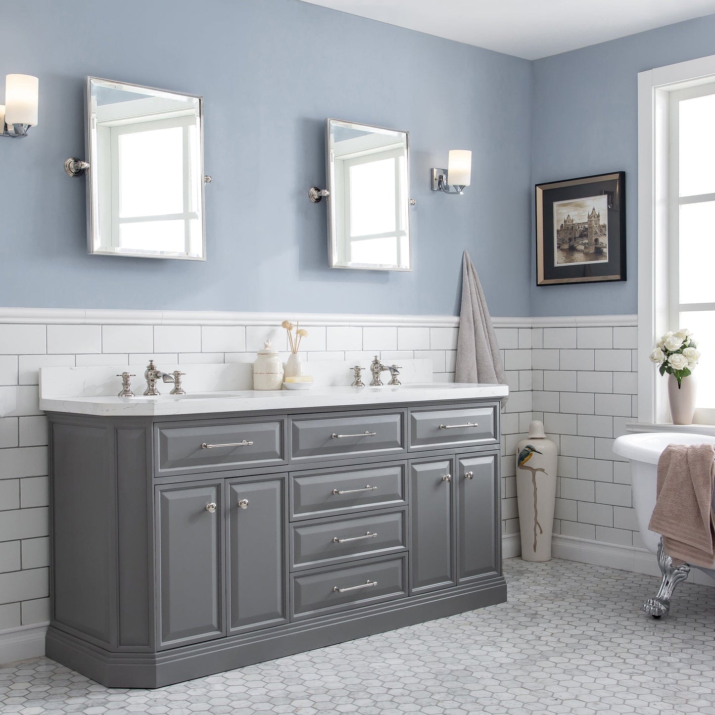 Water Creation PA72QZ05CG-E18FX1305 PALACE 72"W x 34"H Cashmere Gray Vanity with Carrara Quartz Countertop + Faucets & Mirror (F2-0013), Polished Nickel Finish Hardware & Mirror