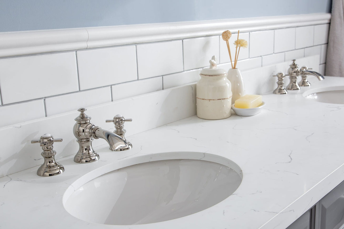 Water Creation PA72QZ05CG-E18FX1305 PALACE 72"W x 34"H Cashmere Gray Vanity with Carrara Quartz Countertop + Faucets & Mirror (F2-0013), Polished Nickel Finish Hardware & Mirror