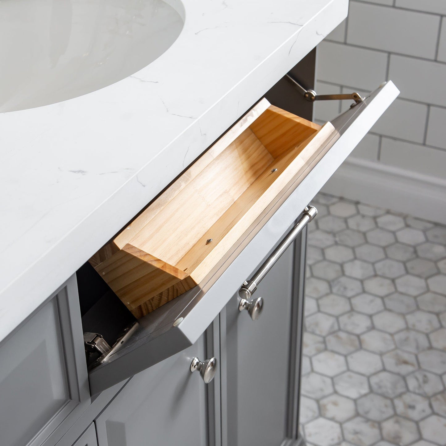 Water Creation PA72QZ05CG-E18FX1305 PALACE 72"W x 34"H Cashmere Gray Vanity with Carrara Quartz Countertop + Faucets & Mirror (F2-0013), Polished Nickel Finish Hardware & Mirror
