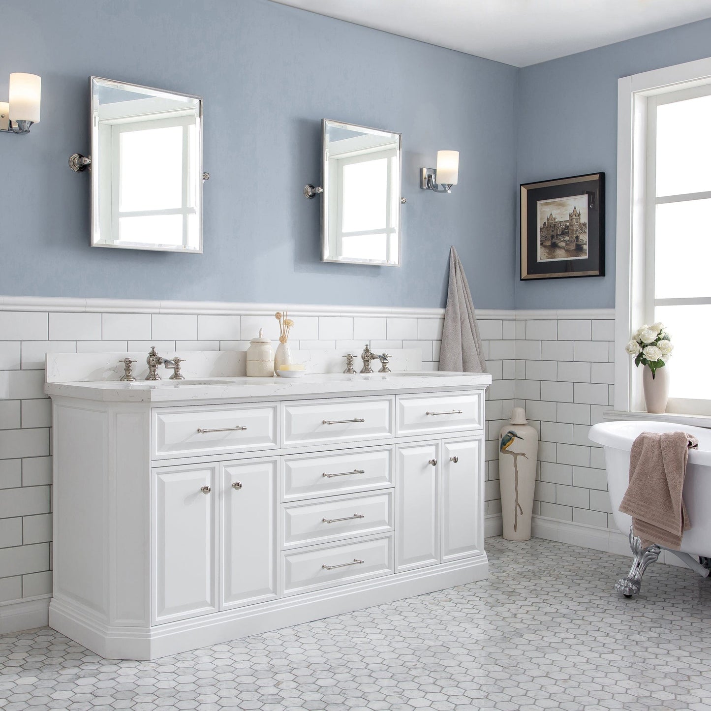 Water Creation PA72QZ05PW-000FX1305 PALACE 72"W x 34"H Pure White Vanity with Carrara Quartz Countertop + Faucets (F2-0013), Polished Nickel Finish Hardware