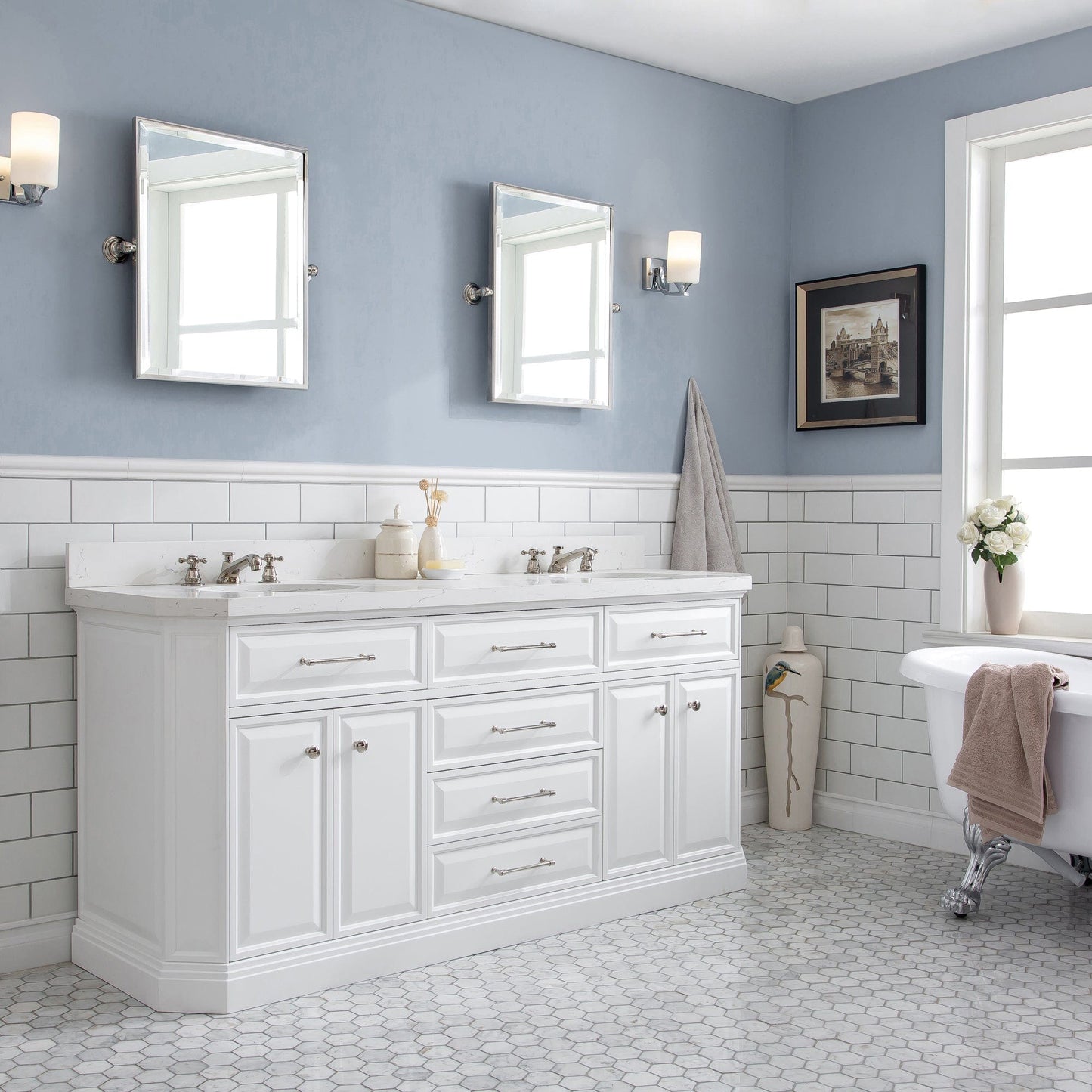 Water Creation PA72QZ05PW-E18BX0905 PALACE 72"W x 34"H Pure White Vanity with Carrara Quartz Countertop + Faucets & Mirror (F2-0009), Polished Nickel Finish Hardware & Mirror
