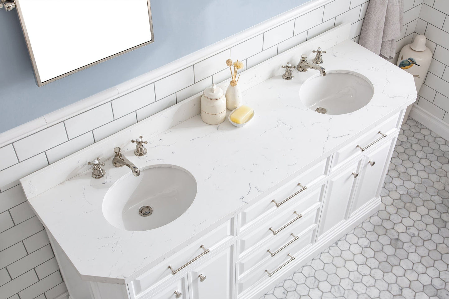 Water Creation PA72QZ05PW-E18BX0905 PALACE 72"W x 34"H Pure White Vanity with Carrara Quartz Countertop + Faucets & Mirror (F2-0009), Polished Nickel Finish Hardware & Mirror