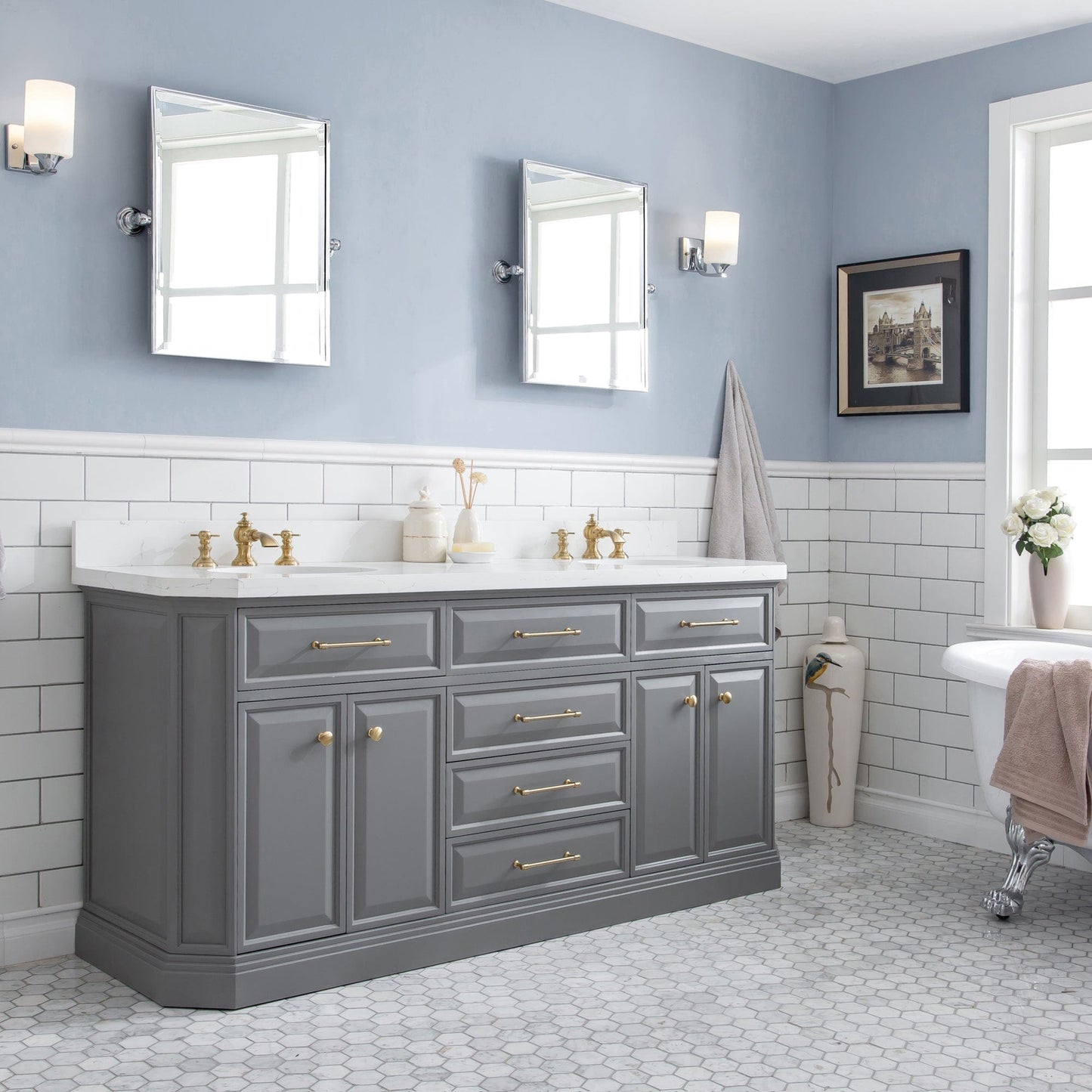 Water Creation PA72QZ06CG-000FX1306 PALACE 72"W x 34"H Cashmere Gray Vanity with Carrara Quartz Countertop + Faucets & Mirrors (F2-0013), Satin Gold Finish Hardware & Chrome Finish Mirror (A)