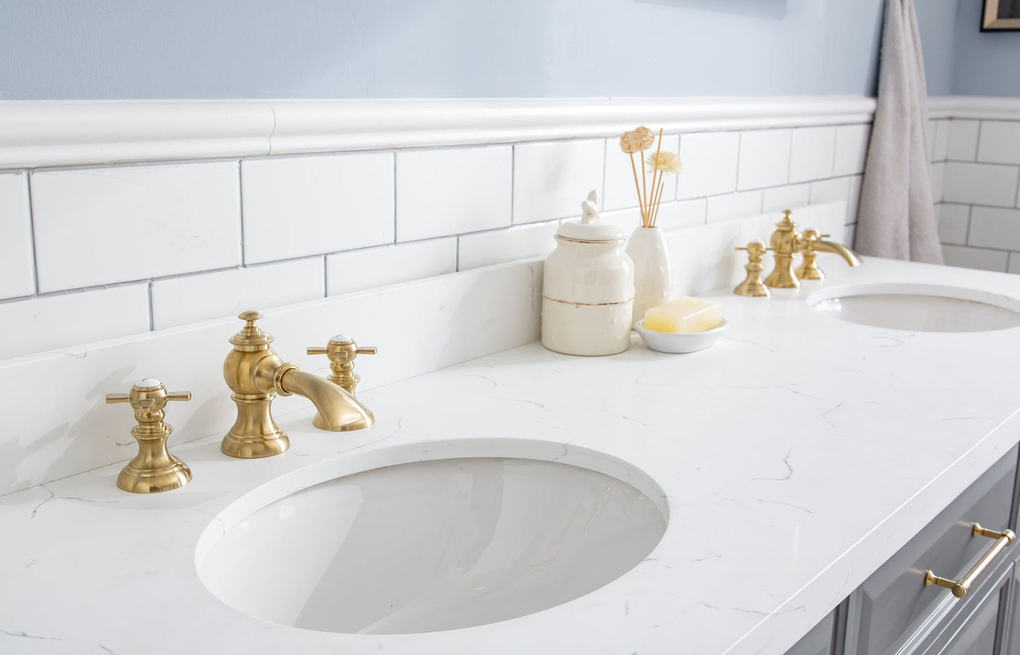 Water Creation PA72QZ06CG-000FX1306 PALACE 72"W x 34"H Cashmere Gray Vanity with Carrara Quartz Countertop + Faucets & Mirrors (F2-0013), Satin Gold Finish Hardware & Chrome Finish Mirror (A)