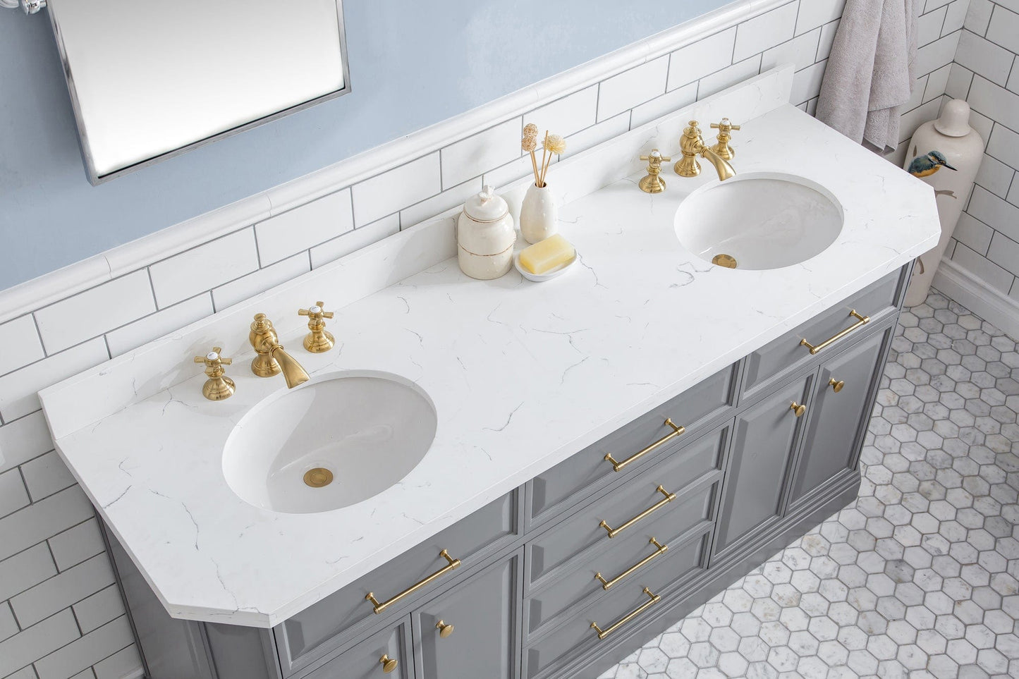 Water Creation PA72QZ06CG-000FX1306 PALACE 72"W x 34"H Cashmere Gray Vanity with Carrara Quartz Countertop + Faucets & Mirrors (F2-0013), Satin Gold Finish Hardware & Chrome Finish Mirror (A)