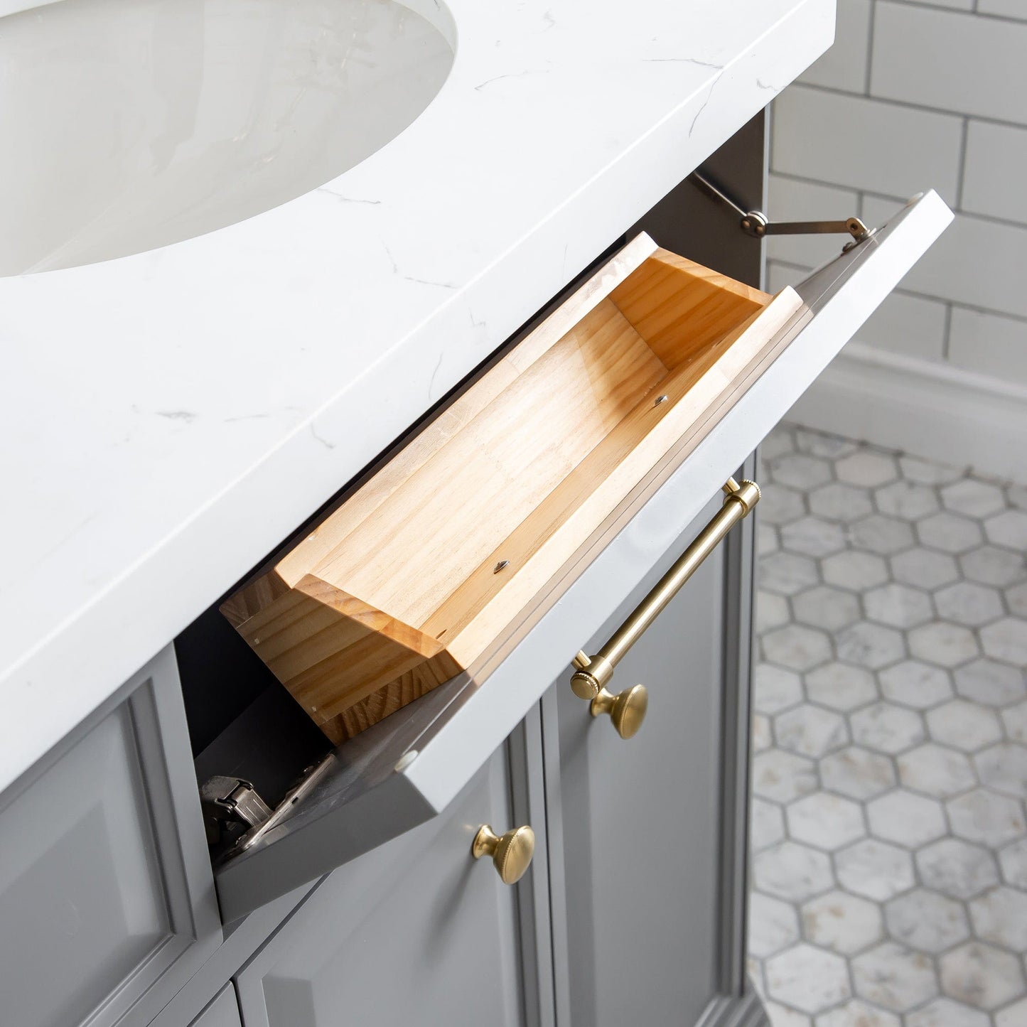 Water Creation PA72QZ06CG-000FX1306 PALACE 72"W x 34"H Cashmere Gray Vanity with Carrara Quartz Countertop + Faucets & Mirrors (F2-0013), Satin Gold Finish Hardware & Chrome Finish Mirror (A)
