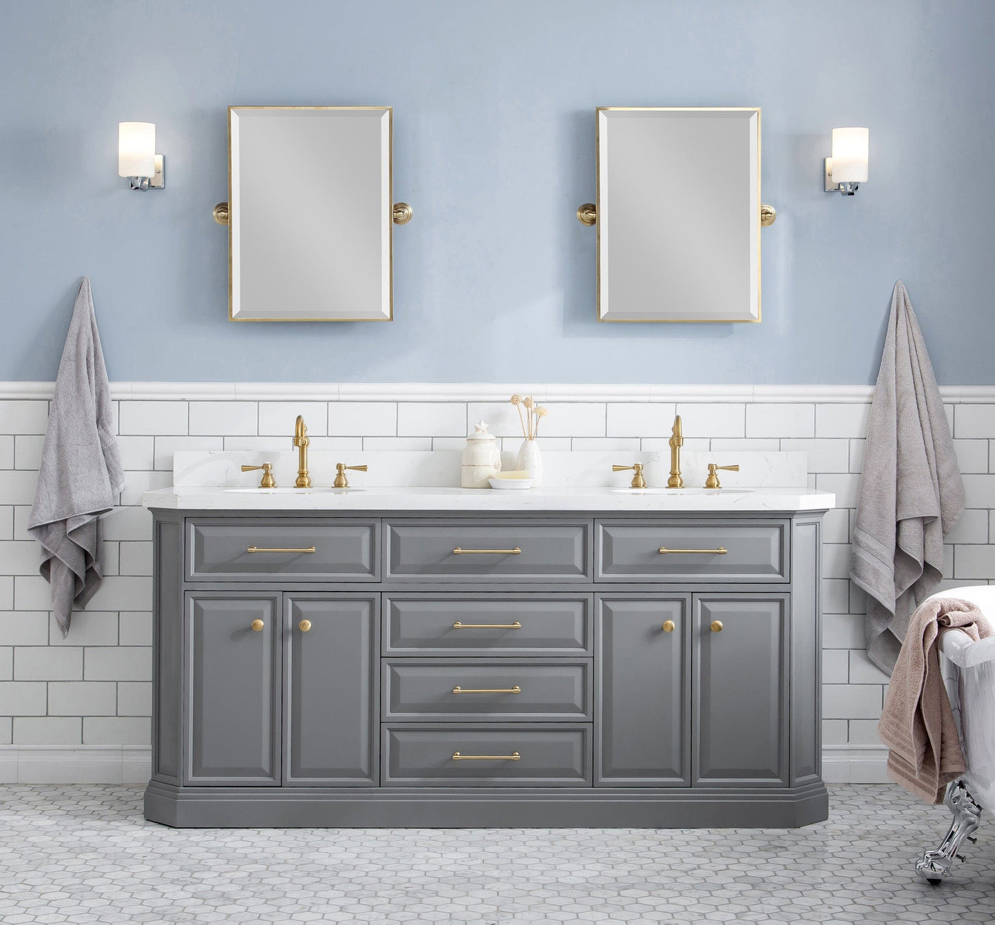 Water Creation PA72QZ06CG-000TL1206 PALACE 72"W x 34"H Cashmere Gray Vanity with Carrara Quartz Countertop + Faucets & Mirrors (F2-0012), Satin Gold Finish Hardware & Chrome Finish Mirror (A)