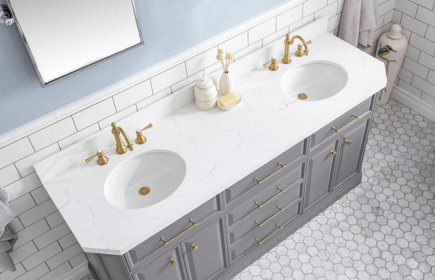 Water Creation PA72QZ06CG-000TL1206 PALACE 72"W x 34"H Cashmere Gray Vanity with Carrara Quartz Countertop + Faucets & Mirrors (F2-0012), Satin Gold Finish Hardware & Chrome Finish Mirror (A)