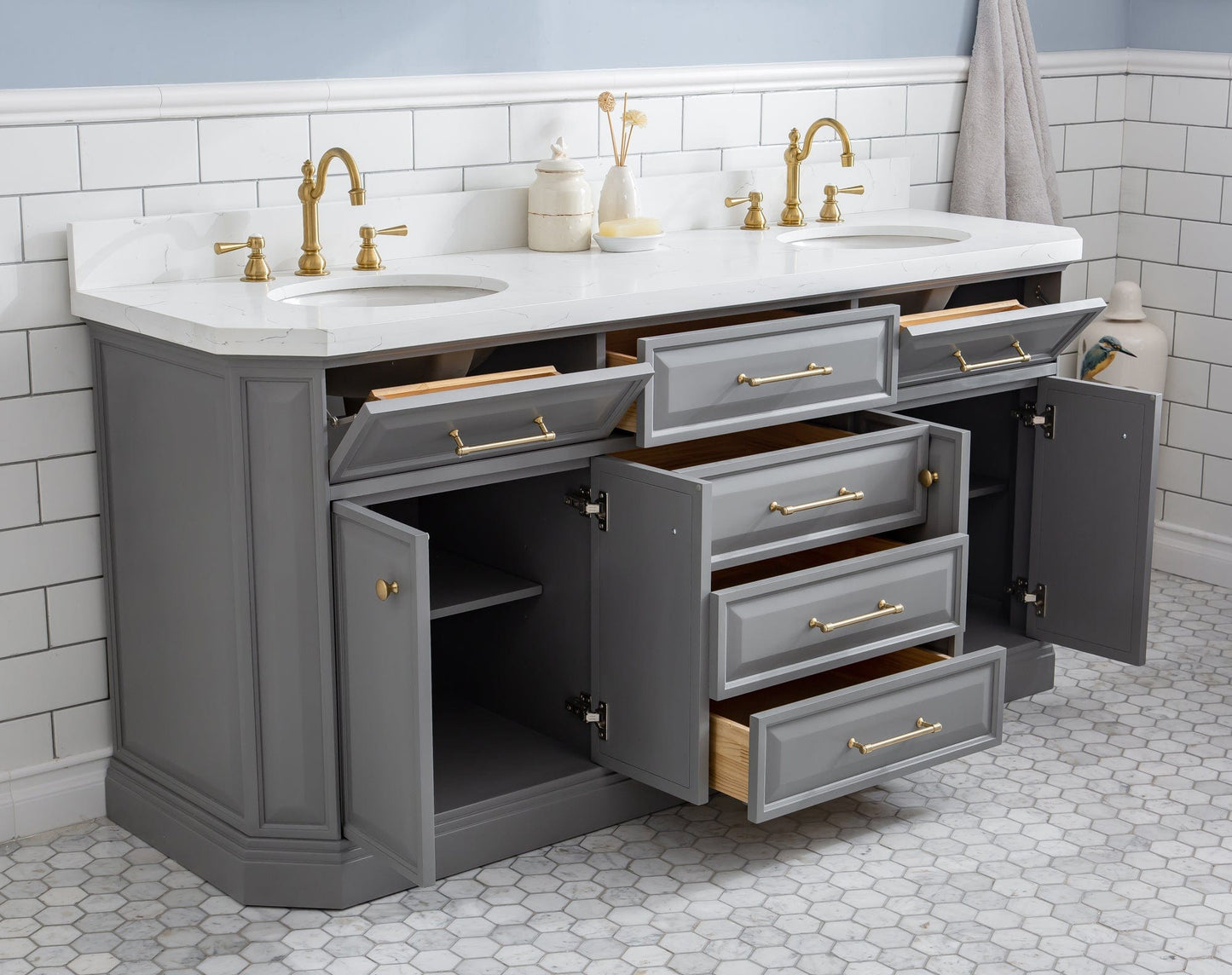 Water Creation PA72QZ06CG-000TL1206 PALACE 72"W x 34"H Cashmere Gray Vanity with Carrara Quartz Countertop + Faucets & Mirrors (F2-0012), Satin Gold Finish Hardware & Chrome Finish Mirror (A)