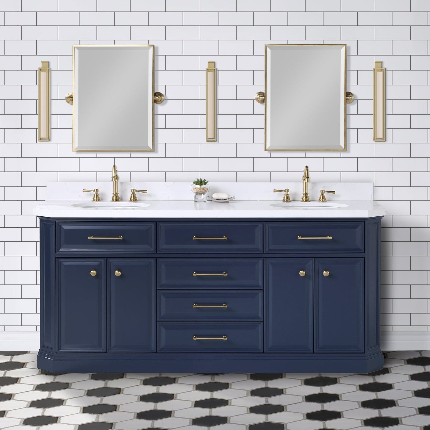Water Creation PA72QZ06MB-E18TL1206 PALACE 72"W x 34.2"H Monarch Blue Double-Sink Vanity with White Quartz Countertop + Faucets & Mirrors (Hook Faucets)