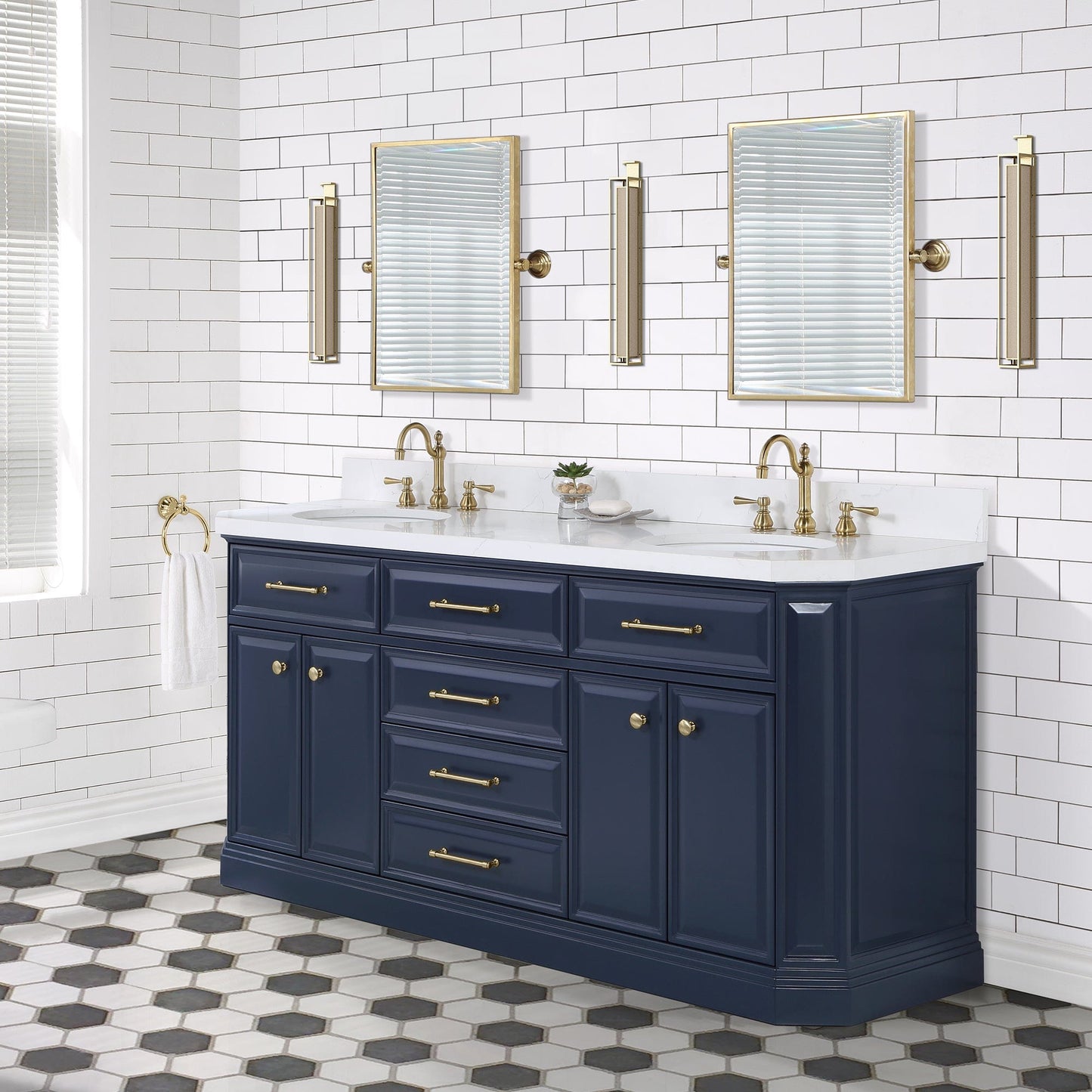 Water Creation PA72QZ06MB-E18TL1206 PALACE 72"W x 34.2"H Monarch Blue Double-Sink Vanity with White Quartz Countertop + Faucets & Mirrors (Hook Faucets)