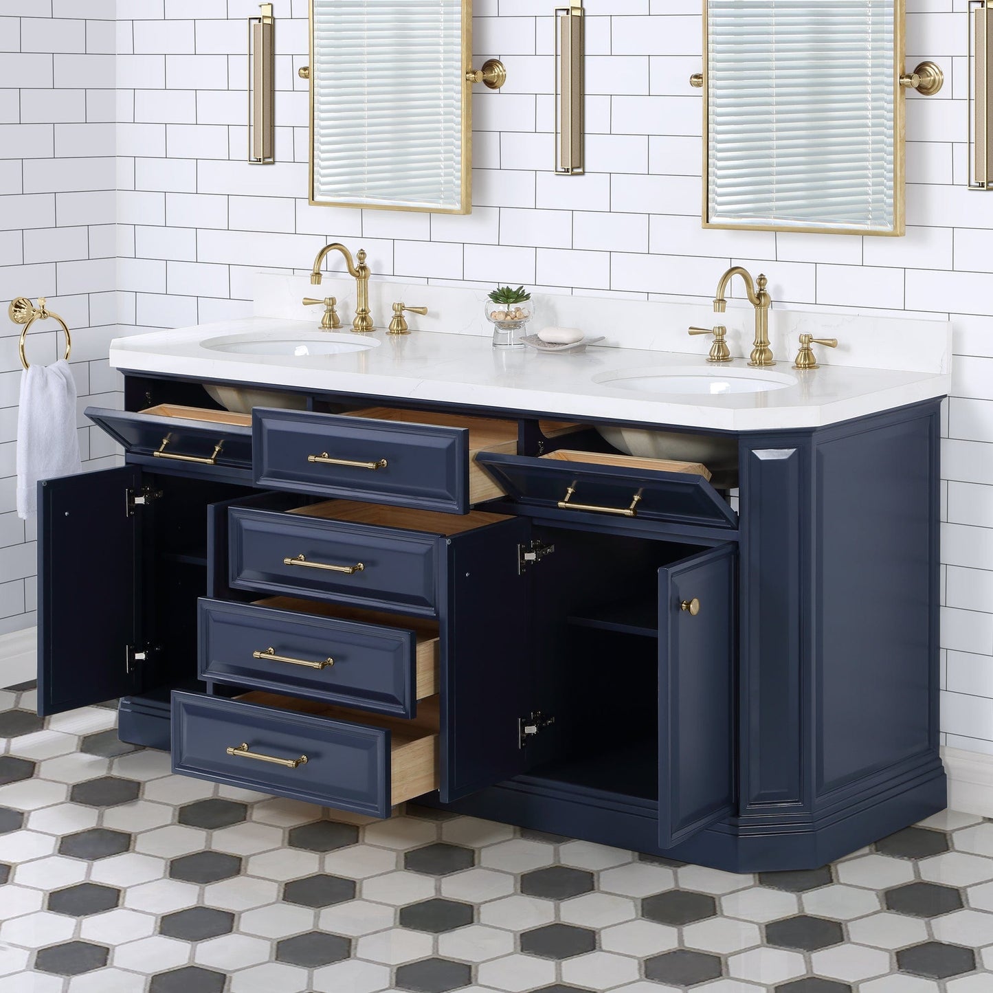 Water Creation PA72QZ06MB-E18TL1206 PALACE 72"W x 34.2"H Monarch Blue Double-Sink Vanity with White Quartz Countertop + Faucets & Mirrors (Hook Faucets)