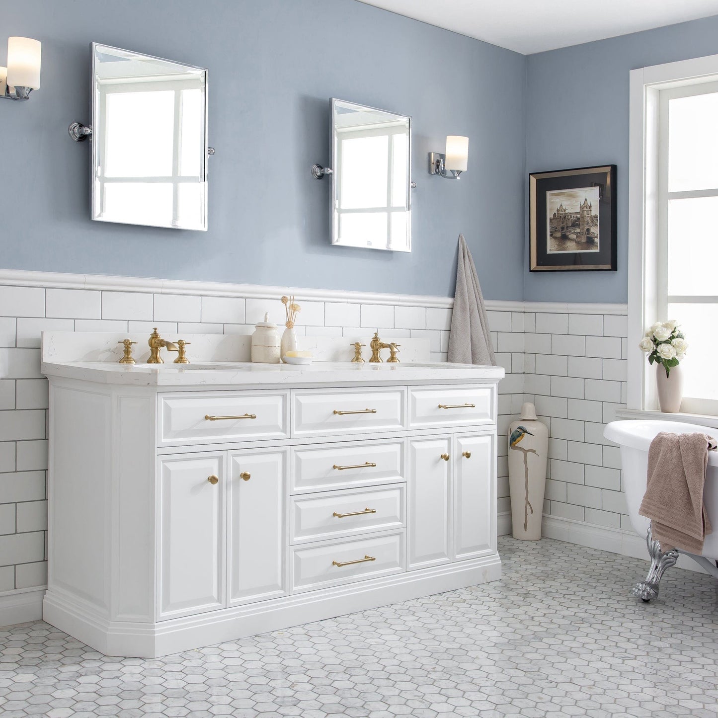 Water Creation PA72QZ06PW-000FX1306 PALACE 72"W x 34"H Pure White Vanity with Carrara Quartz Countertop + Faucets & Mirrors (F2-0013), Satin Gold Finish Hardware & Chrome Finish Mirror (A)