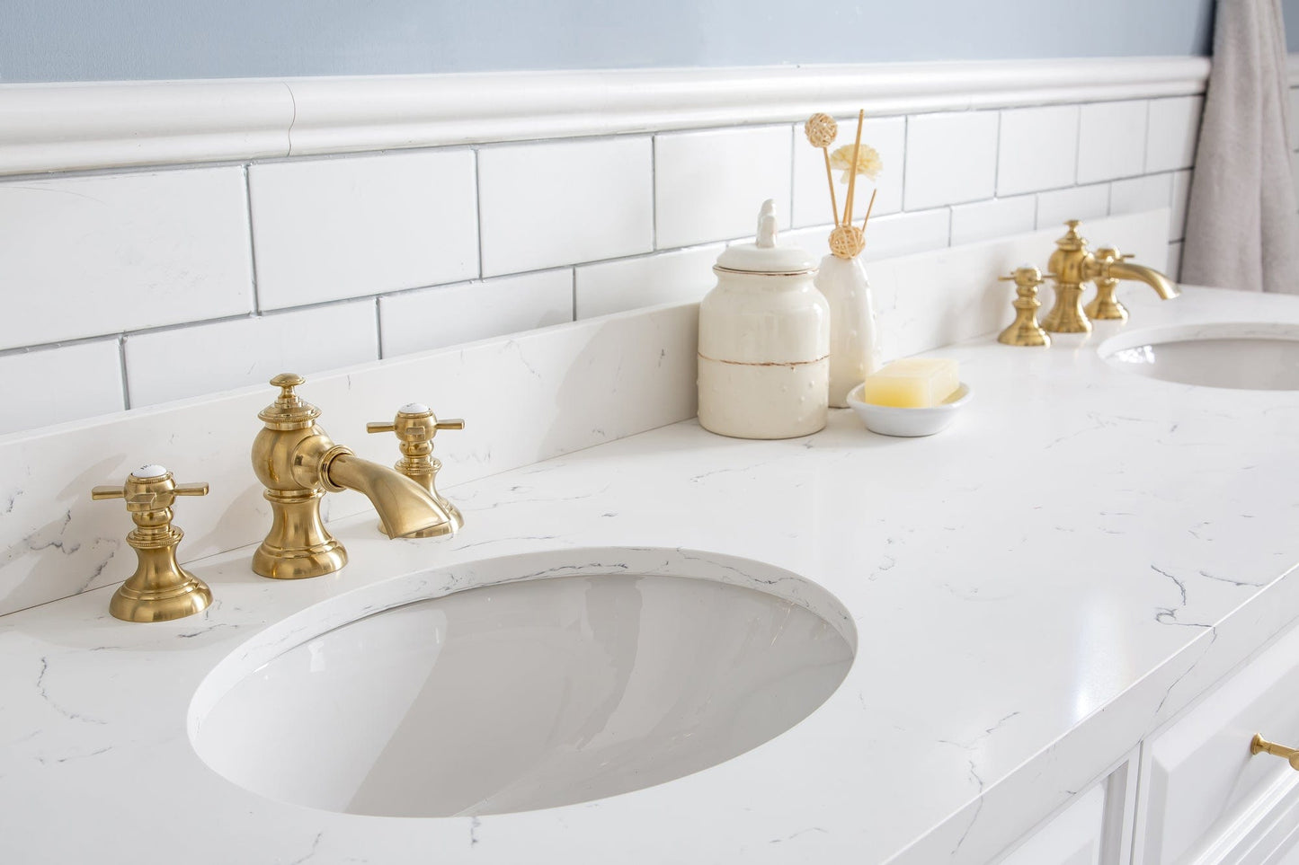 Water Creation PA72QZ06PW-000FX1306 PALACE 72"W x 34"H Pure White Vanity with Carrara Quartz Countertop + Faucets & Mirrors (F2-0013), Satin Gold Finish Hardware & Chrome Finish Mirror (A)