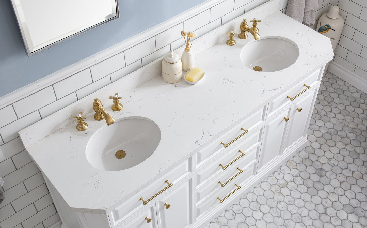 Water Creation PA72QZ06PW-000FX1306 PALACE 72"W x 34"H Pure White Vanity with Carrara Quartz Countertop + Faucets & Mirrors (F2-0013), Satin Gold Finish Hardware & Chrome Finish Mirror (A)