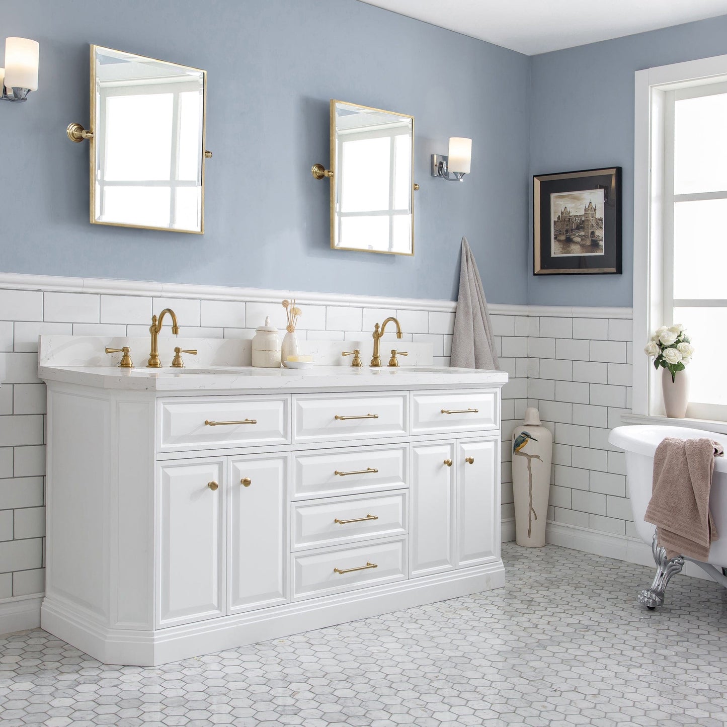Water Creation PA72QZ06PW-000TL1206 PALACE 72"W x 34"H Pure White Vanity with Carrara Quartz Countertop + Faucets & Mirrors (F2-0012), Satin Gold Finish Hardware & Chrome Finish Mirror (A)