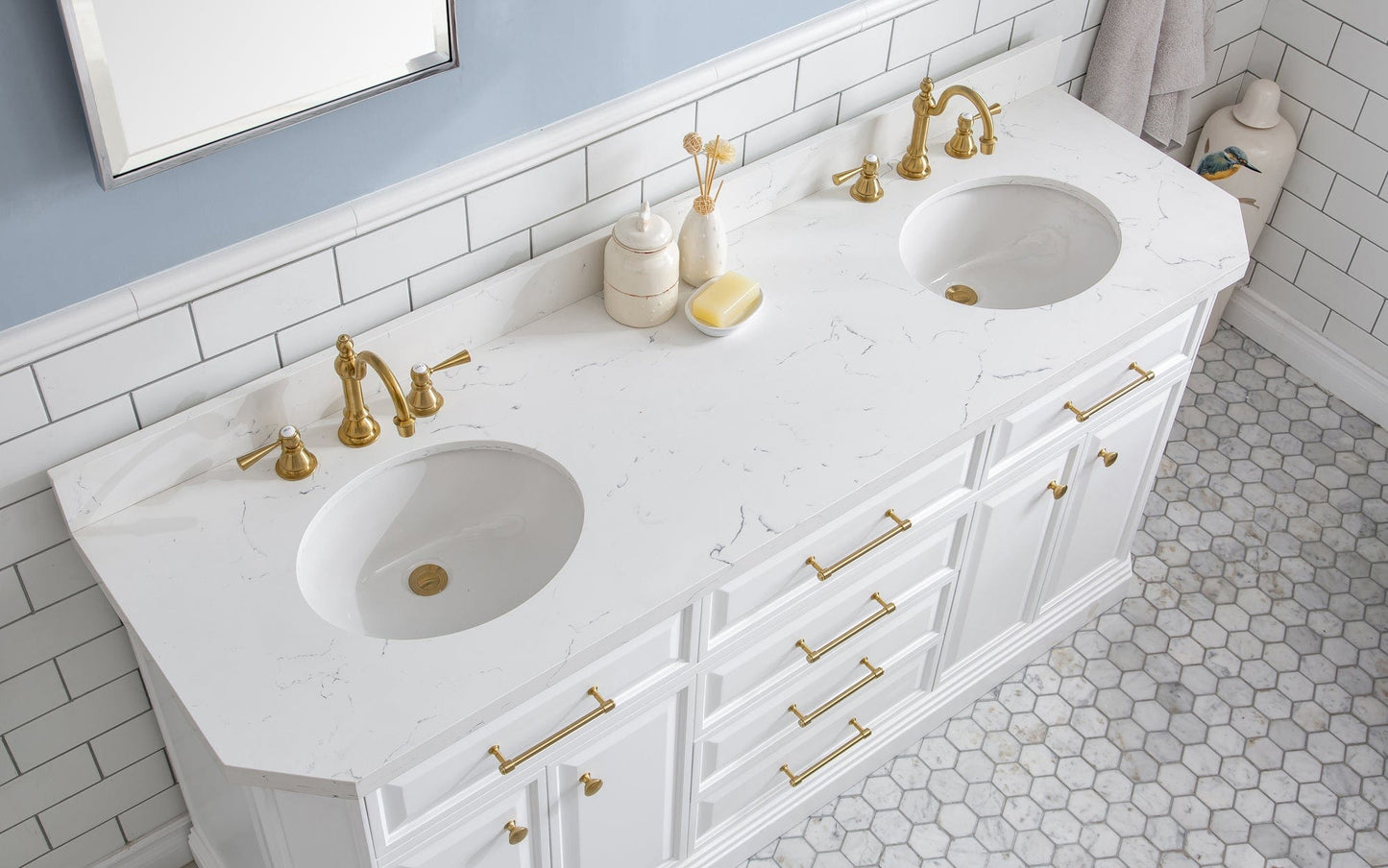 Water Creation PA72QZ06PW-000TL1206 PALACE 72"W x 34"H Pure White Vanity with Carrara Quartz Countertop + Faucets & Mirrors (F2-0012), Satin Gold Finish Hardware & Chrome Finish Mirror (A)