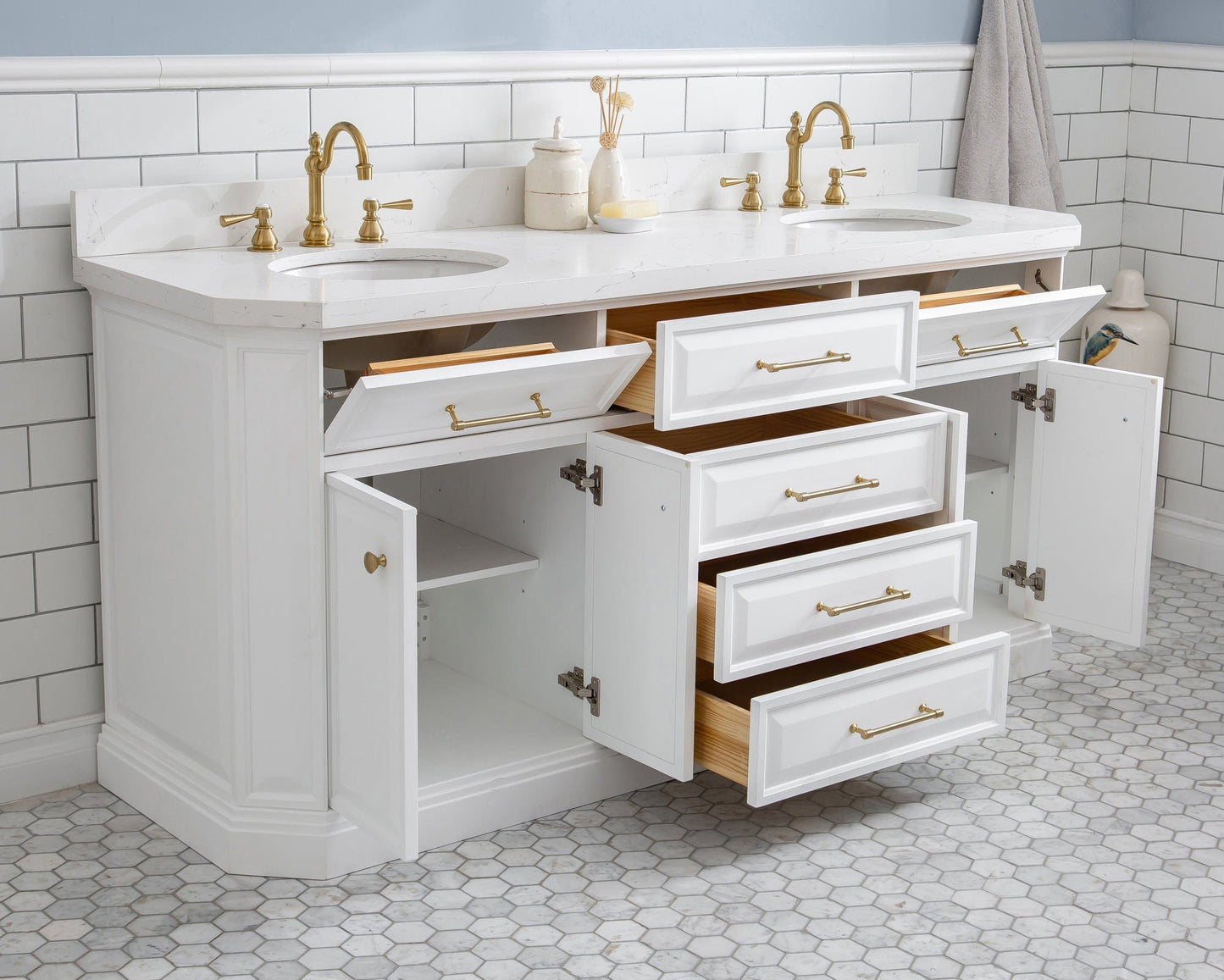 Water Creation PA72QZ06PW-000TL1206 PALACE 72"W x 34"H Pure White Vanity with Carrara Quartz Countertop + Faucets & Mirrors (F2-0012), Satin Gold Finish Hardware & Chrome Finish Mirror (A)