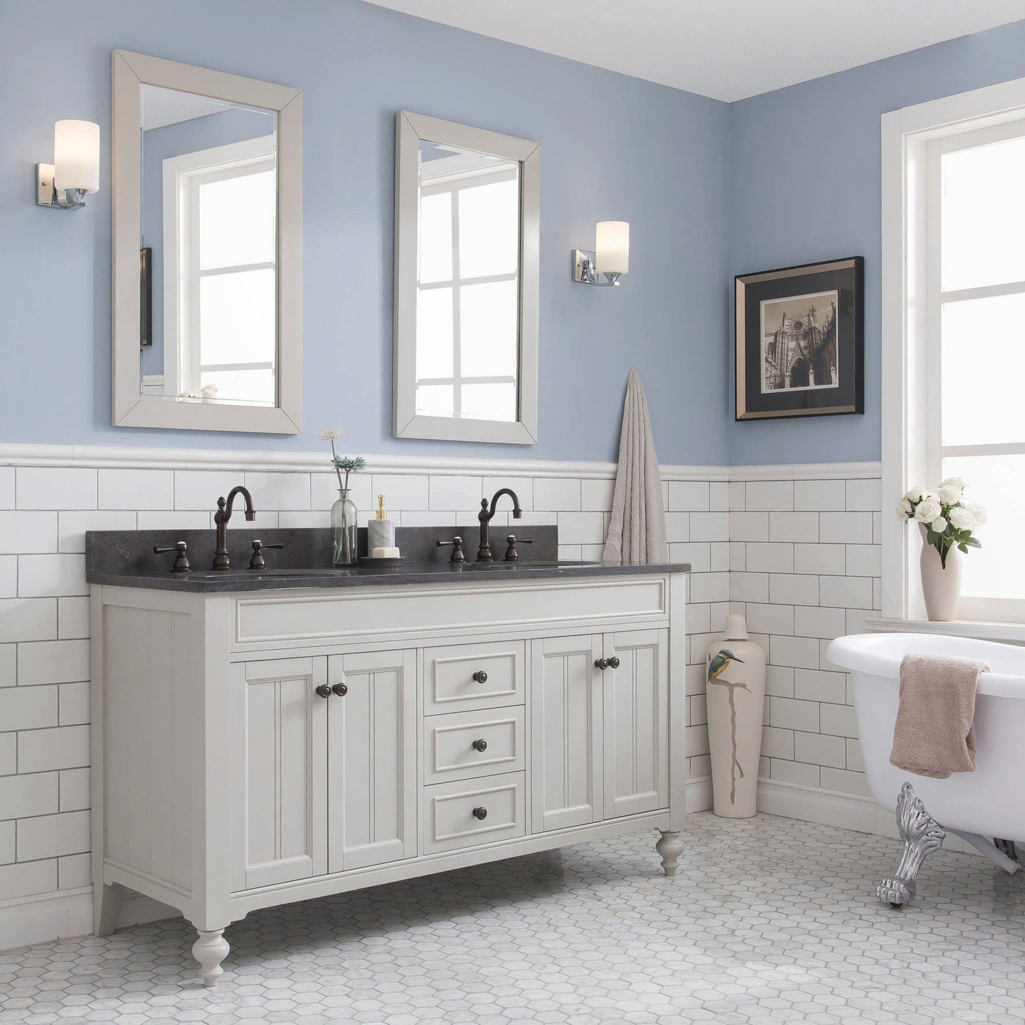 Water Creation PO60BL03EG-R21TL1203 POTENZA 60"W x 34"H Earl Gray Vanity with Blue Limestone Countertop + Faucets B & Mirror
