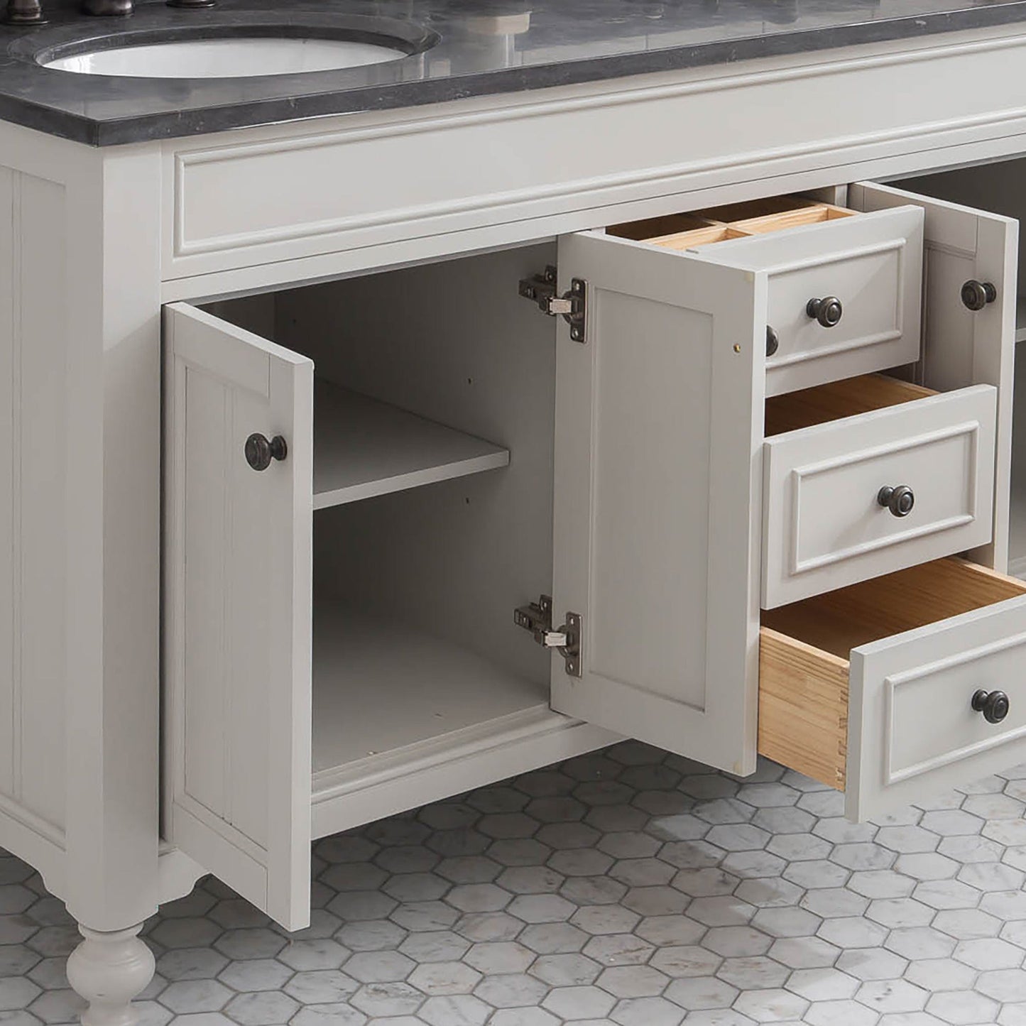 Water Creation PO60BL03EG-R21TL1203 POTENZA 60"W x 34"H Earl Gray Vanity with Blue Limestone Countertop + Faucets B & Mirror