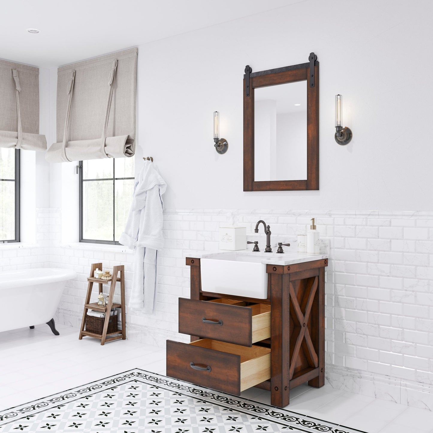Water Creation PY30CW03RS-P24000000 PAISLEY 31"W x 33"H Sierra Rustic Single-Sink Vanity with Carrara White Marble Countertop + Mirror (B)