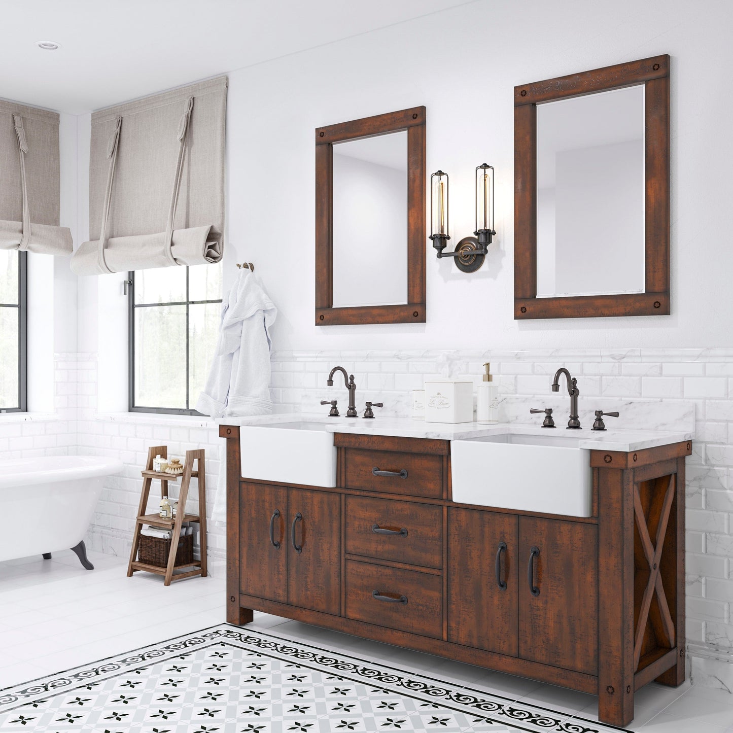 Water Creation PY72CW03RS-A24000000 PAISLEY 72"W x 33"H Sierra Rustic Double-Sink Vanity with Carrara White Marble Countertop + Mirror (A)