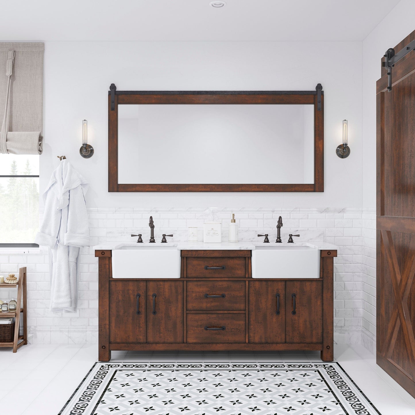 Water Creation PY72CW03RS-P72TL1203 PAISLEY 72"W x 33"H Sierra Rustic Double-Sink Vanity with Carrara White Marble Countertop + Hook Faucet and Mirror (C)