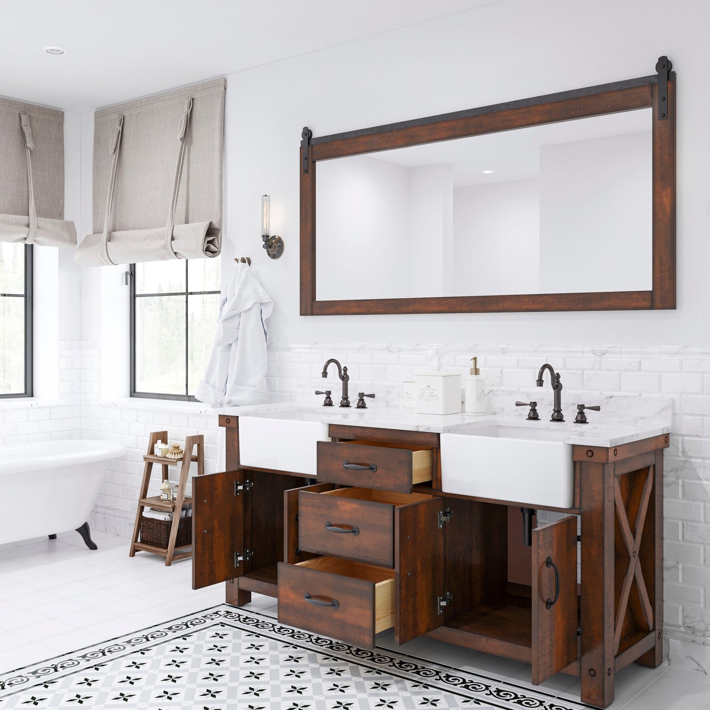 Water Creation PY72CW03RS-P72TL1203 PAISLEY 72"W x 33"H Sierra Rustic Double-Sink Vanity with Carrara White Marble Countertop + Hook Faucet and Mirror (C)