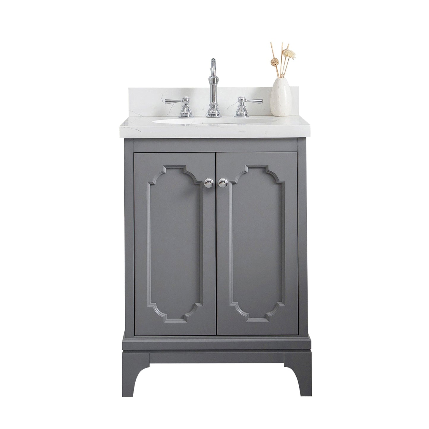 Water Creation QU24QZ01CG-000TL1201 QUEEN 24"W x 34"H Cashmere Gray Single-Sink Vanity with Carrara Quartz Countertop + Faucets (F2-0012-01-TL)
