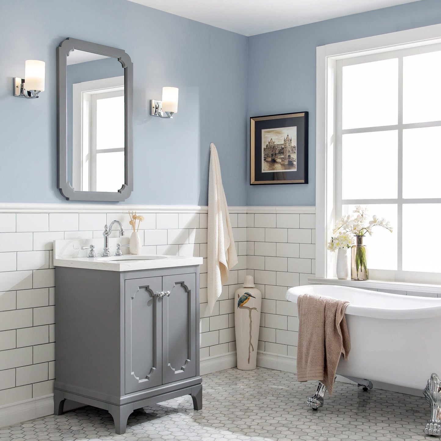 Water Creation QU24QZ01CG-000TL1201 QUEEN 24"W x 34"H Cashmere Gray Single-Sink Vanity with Carrara Quartz Countertop + Faucets (F2-0012-01-TL)