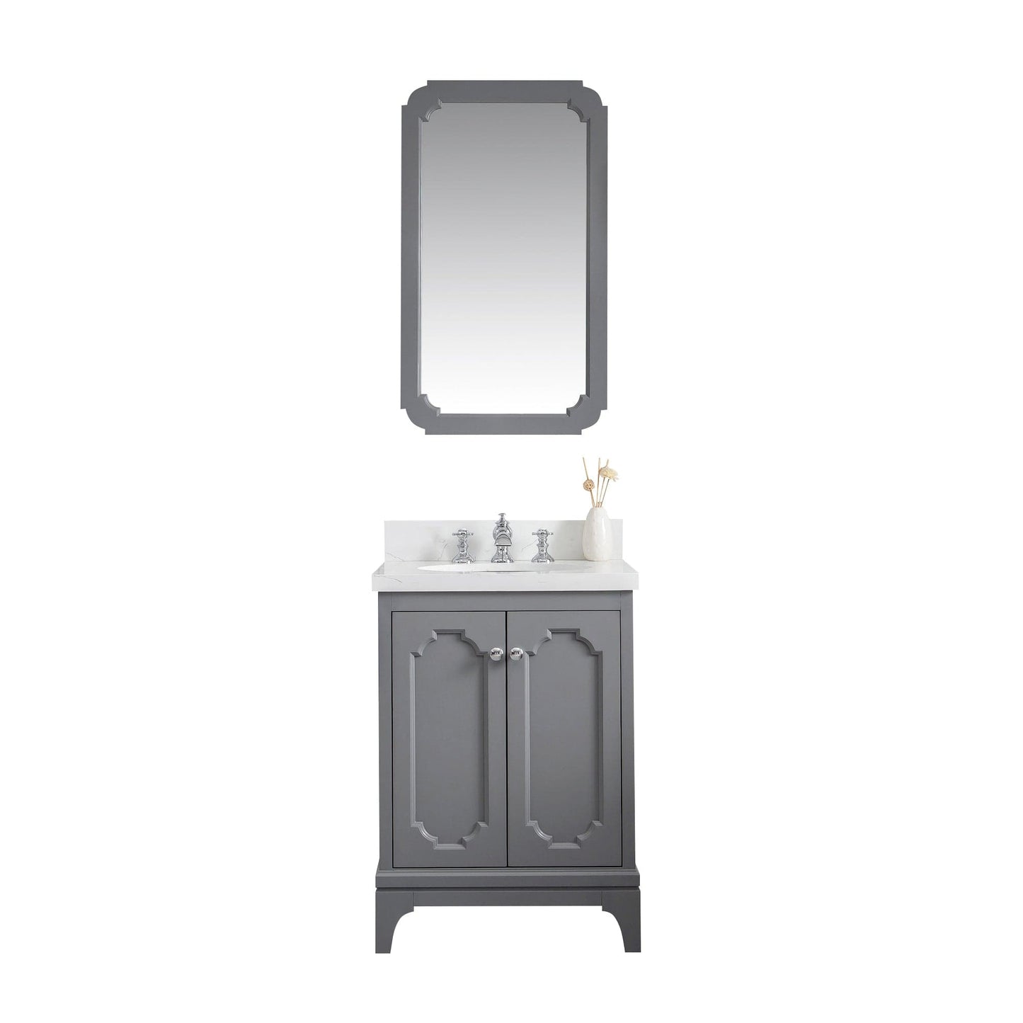 Water Creation QU24QZ01CG-Q21FX1301 QUEEN 24"W x 34"H Cashmere Gray Single-Sink Vanity with Carrara Quartz Countertop + Faucets & Mirror (F2-0013)