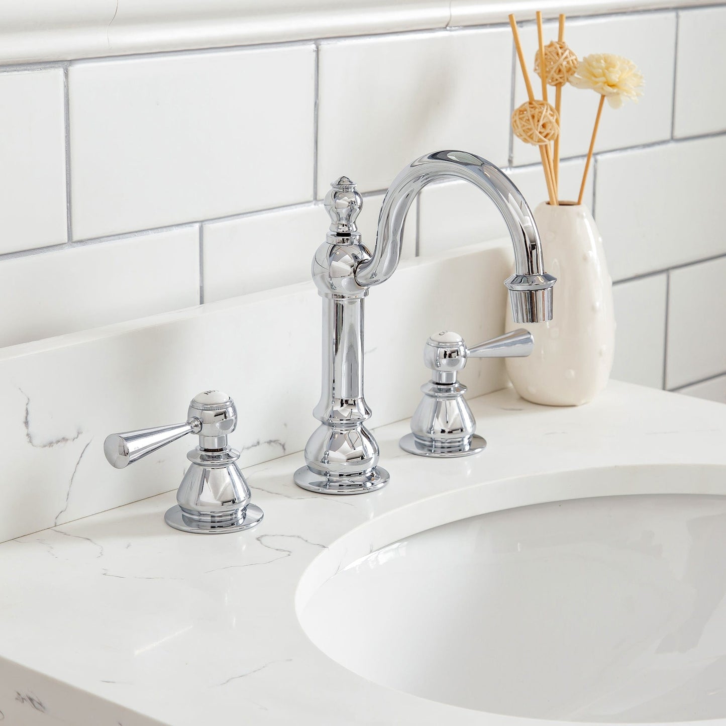 Water Creation QU24QZ01CG-Q21TL1201 QUEEN 24"W x 34"H Cashmere Gray Single-Sink Vanity with Carrara Quartz Countertop + Faucets & Mirror (F2-0012-01-TL)
